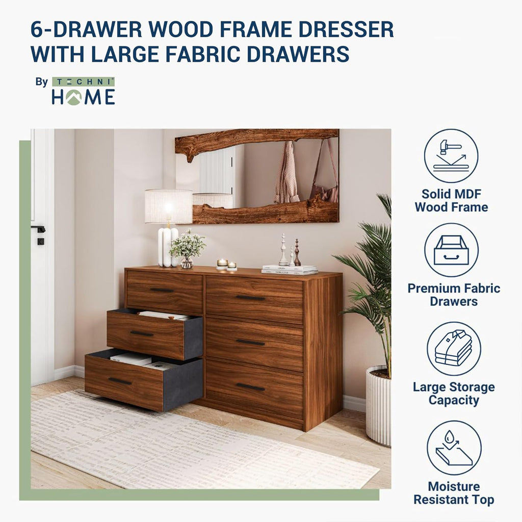 Modern 6-Drawer Dresser with Spacious Storage, Sturdy Wood Frame, Large Capacity Fabric Drawers, Dressers for Bedroom, Home Organization Storage for Living Room or Hallway, Walnut