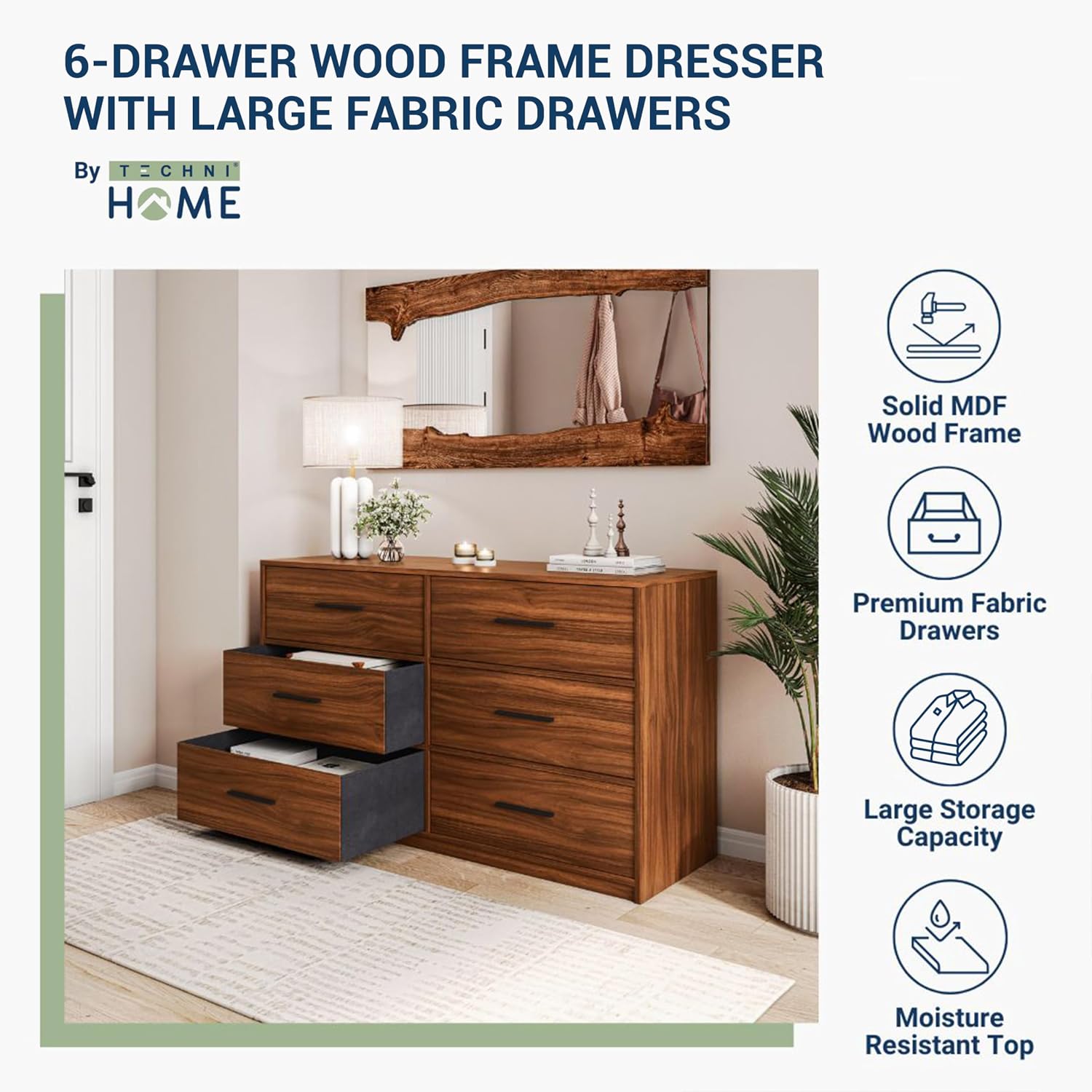 Modern 6-Drawer Dresser with Spacious Storage, Sturdy Wood Frame, Large Capacity Fabric Drawers, Dressers for Bedroom, Home Organization Storage for Living Room or Hallway, Walnut