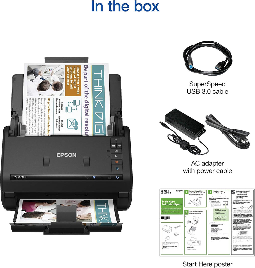 Epson Workforce ES-500W II Wireless Color Duplex Desktop Document Scanner for PC and Mac, with Auto Document Feeder (ADF) and Scan from Smartphone or Tablet (Renewed)