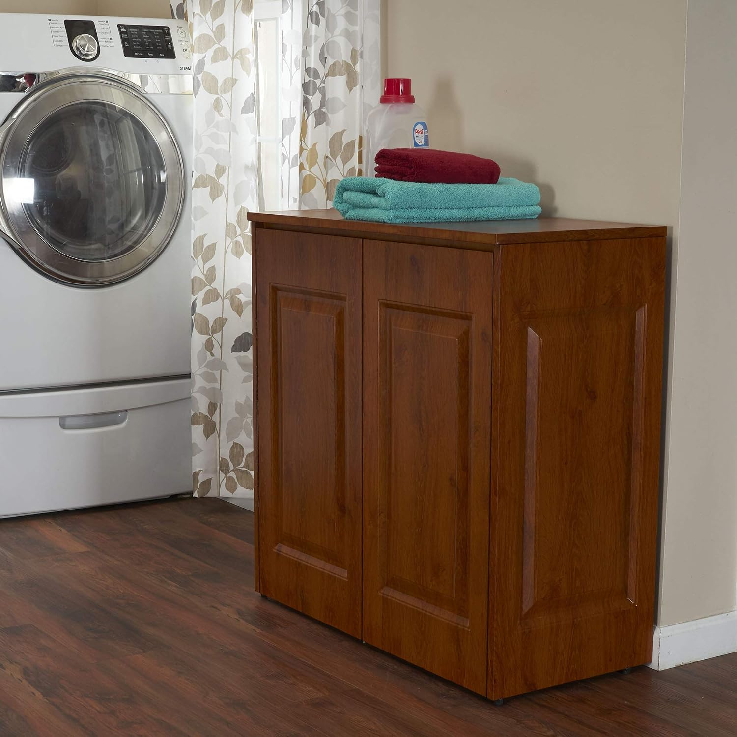 Household Essentials Steel Frame Tilt-Out Hamper Cabinet with Faux Wood Accents