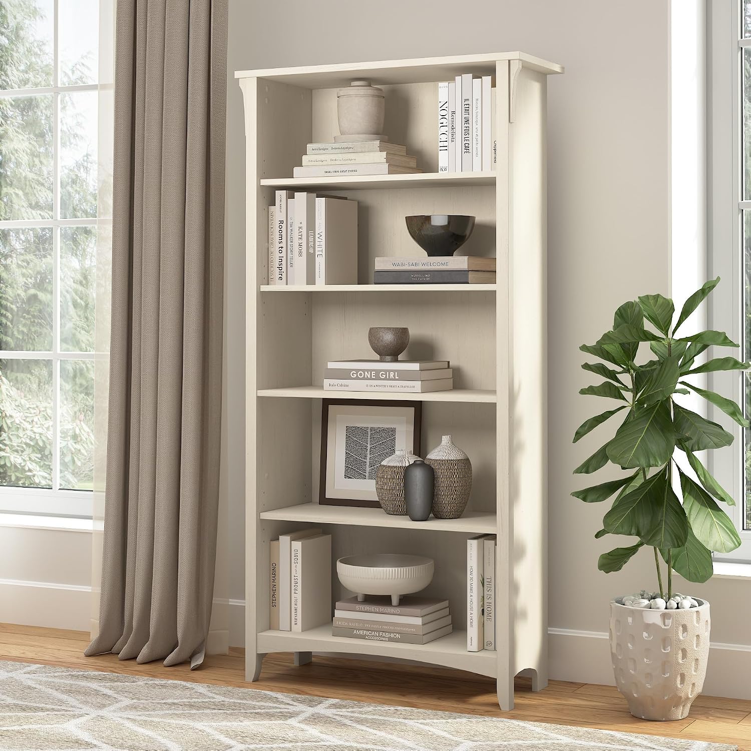 Bush Home Salinas 5 Shelf Bookcase in Antique White, Tall Bookshelf, Large Book Shelf for Living Room, Home Office, or Entryway