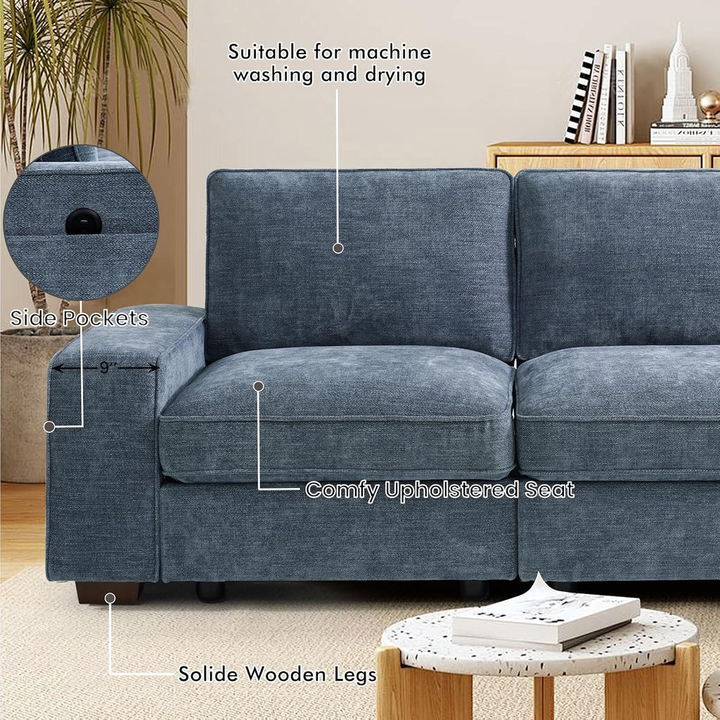 TEKAMON 100' Modular Sofa with Seats Storage, Comfy 3-Seater Chenille Fabric Couch for Living Room, Office, Apart W/Deep Seat, USB Charging, Upholstered Couch with Removable Cover (Blue)