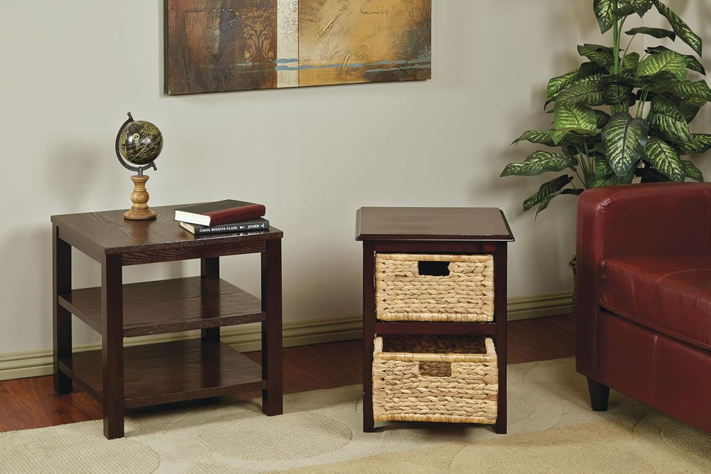 OSP Home Furnishings Seabrook Storage Tower with Solid Wood Frame and Natural Baskets, 2-Drawer, Espresso Finish