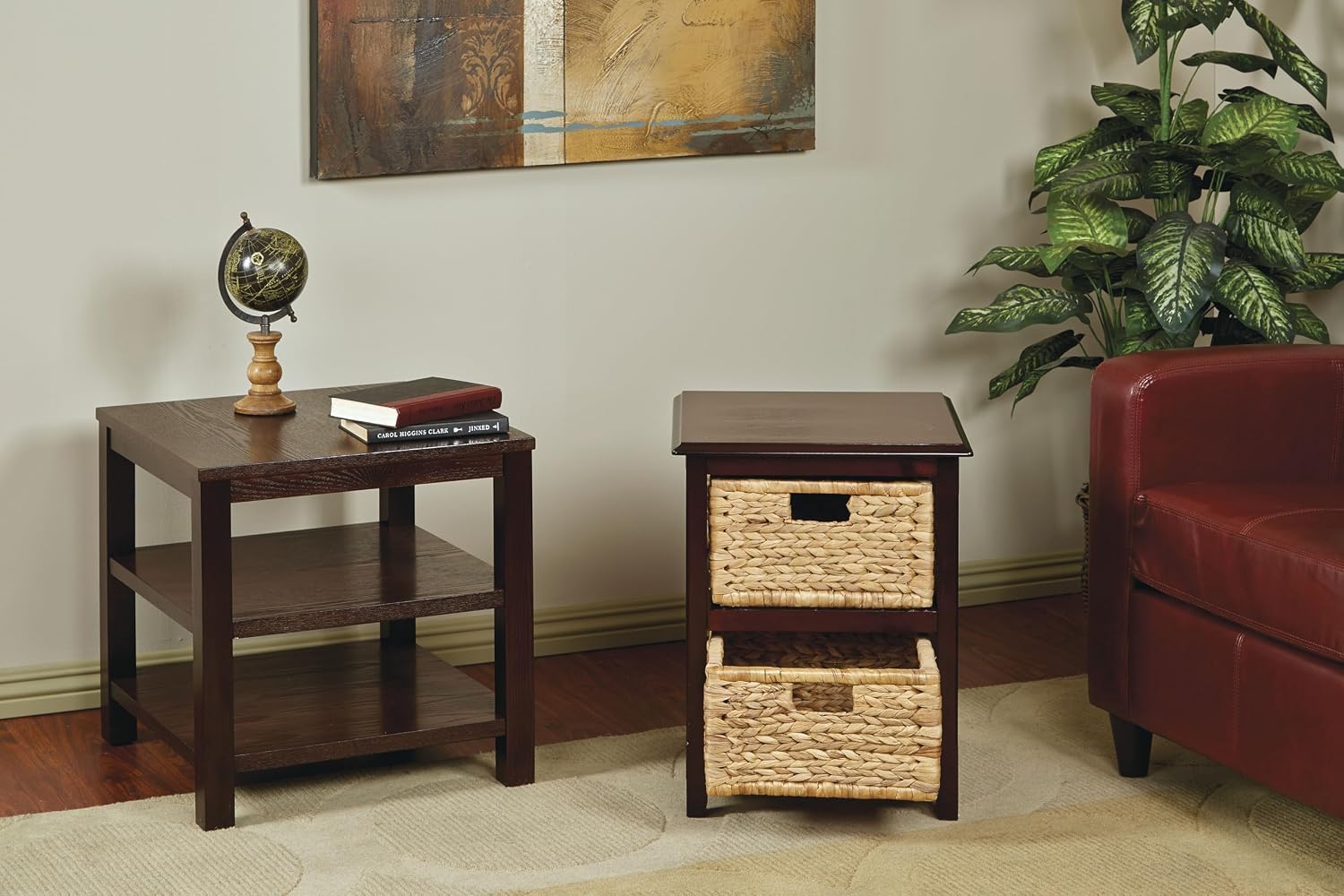OSP Home Furnishings Seabrook Storage Tower with Solid Wood Frame and Natural Baskets, 2-Drawer, Espresso Finish