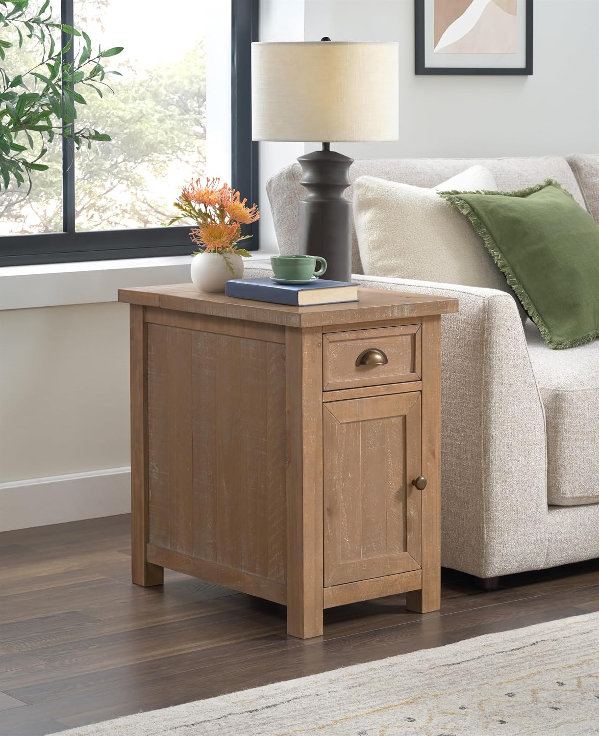 Martin Svensson Home Monterey Chairside Table - Rustic Farmhouse Style - Driftwood - Bedroom or Living Room Table with Charging Station and Storage, Solid Wood
