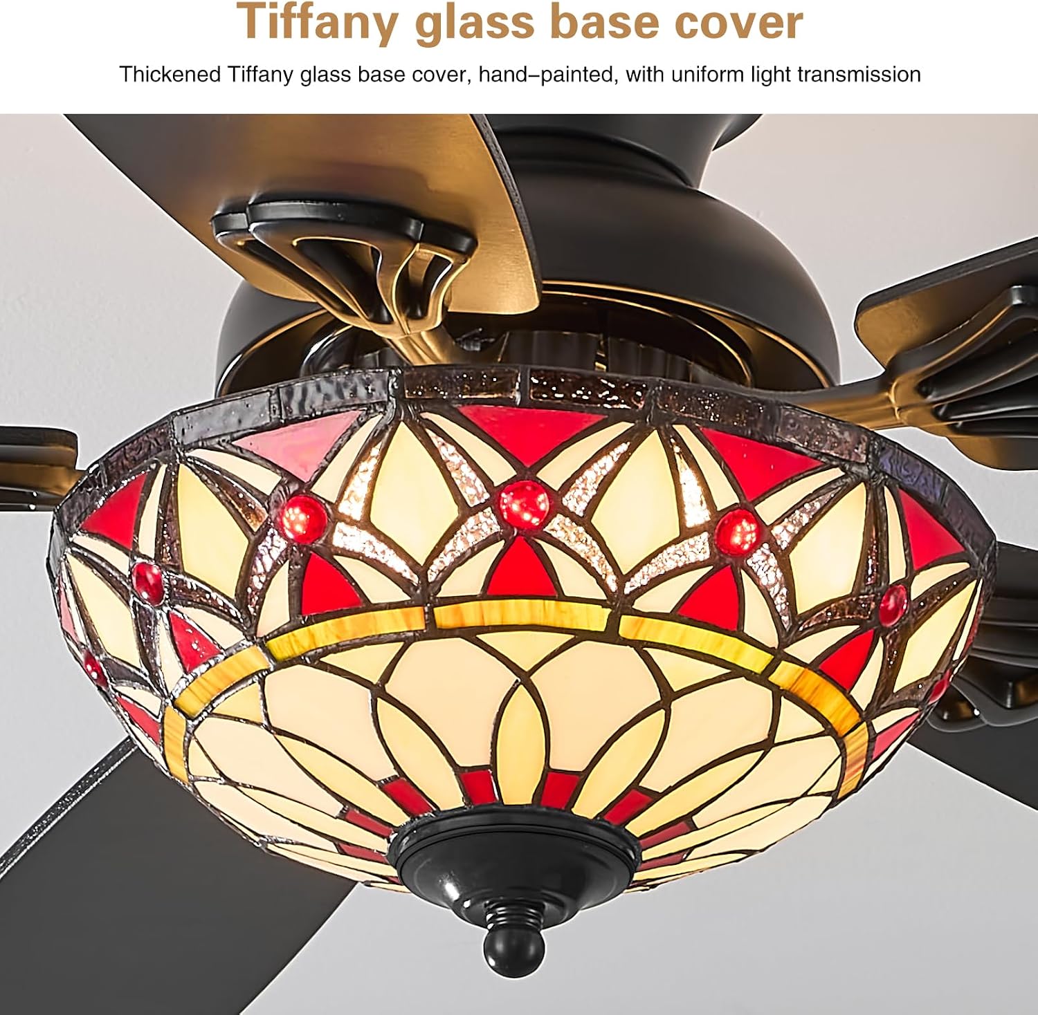 Tiffany Ceiling Fans with Lights - 48' Ceiling Fan Chandelier with 5 Dual-Blades and Glass Shade, 6 Speeds and Reversible, Indoor and Outdoor, Retro Style