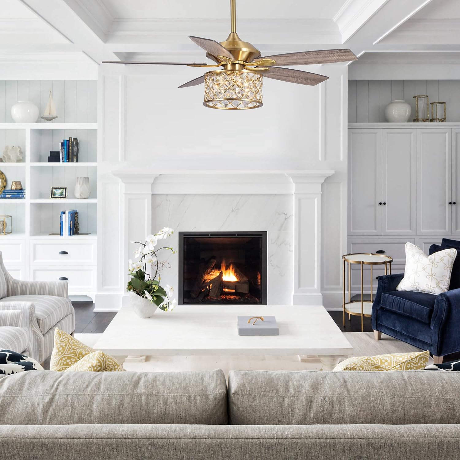 52' Crystal Ceiling Fan with Lights and Remote, Farmhouse Bronze Ceiling Fan, Reversible 5-Blade Ceiling Fan with E12 Light Kit, Rustic Glam Chandelier Fan for Bedroom Living Room Dining Room