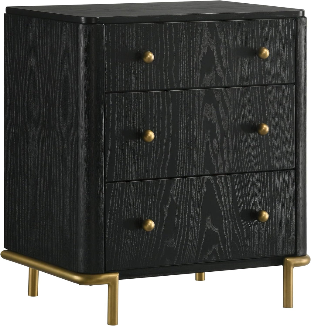 Coaster Home Furnishings - Arini - Wood - 3-Drawer Nightstand with Dual USB Ports, Felt-Lined Top Drawer, Aged Brass Round Knobs and Metal Base - Bedroom - Black - 224332