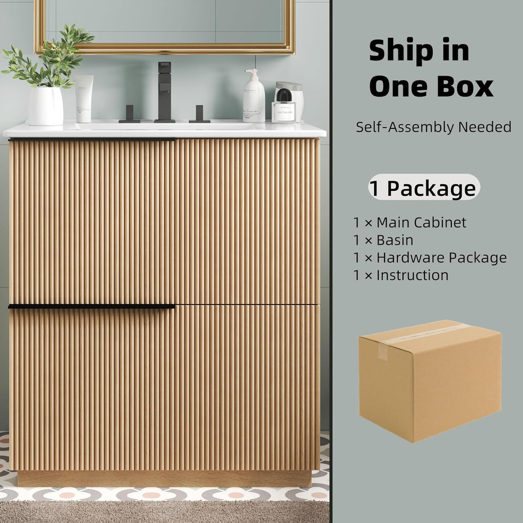 Christopher Knight Home Byron 30' Bathroom Vanity with Sink, Modern Freestanding Bathroom Sink Cabinet with Drawer, Undermount Vanity Sink Cabinet, Bathroom Storage Cabinet with Sink Combo Set,Natural