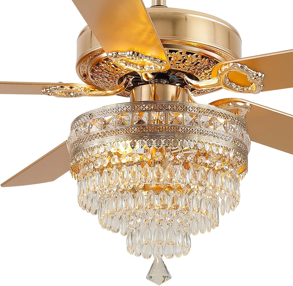 Asyko 52' Golden Crystal Ceiling Fan Fandelier with Lights - Modern Chandelier Fans with Remote Control，Noiseless DC Motor, Retro/Farmhouse Lighting, Dining Room,Living Room