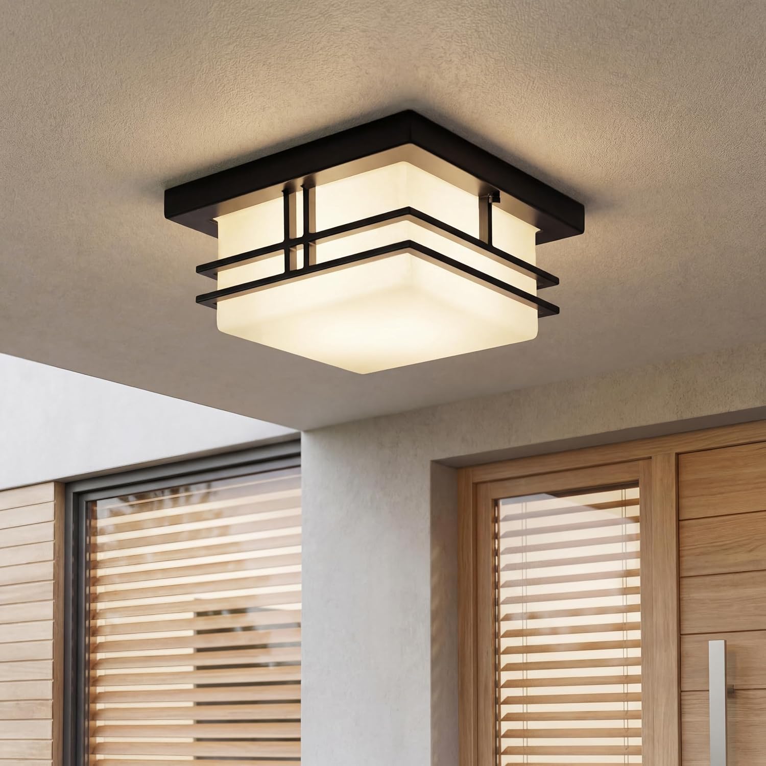 Kichler Tremillo 11.5' Outdoor Semi Flush Light in Black, 2-Light Exterior Ceiling Light with Satin Etched Cased Opal Glass, (11.5' W x 6.5' H), 49206BK