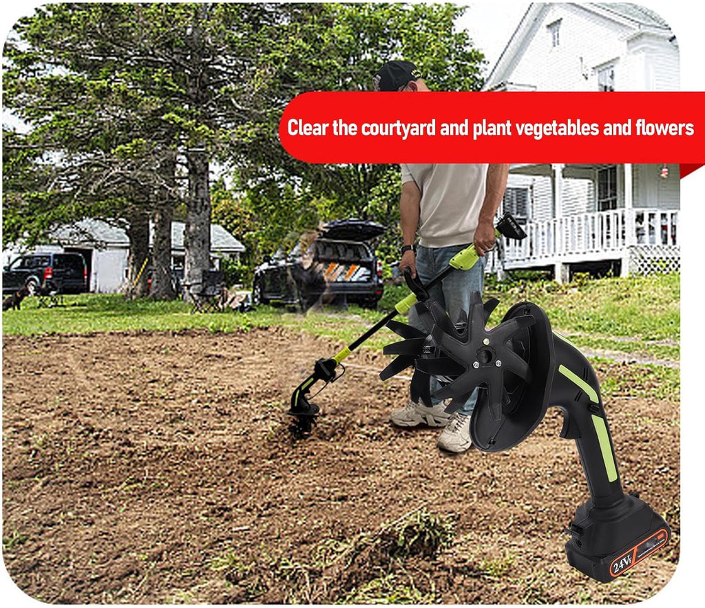 Asixxsix Cordless Tiller Cultivator, 235 RPM Tilling Width 3.9In Depth 3.9In, Electric Garden Tiller with Charger Battery 2x1500mAh, 24 Steel Tines, Garden Rototiller for Lawn Soil (US Plug)