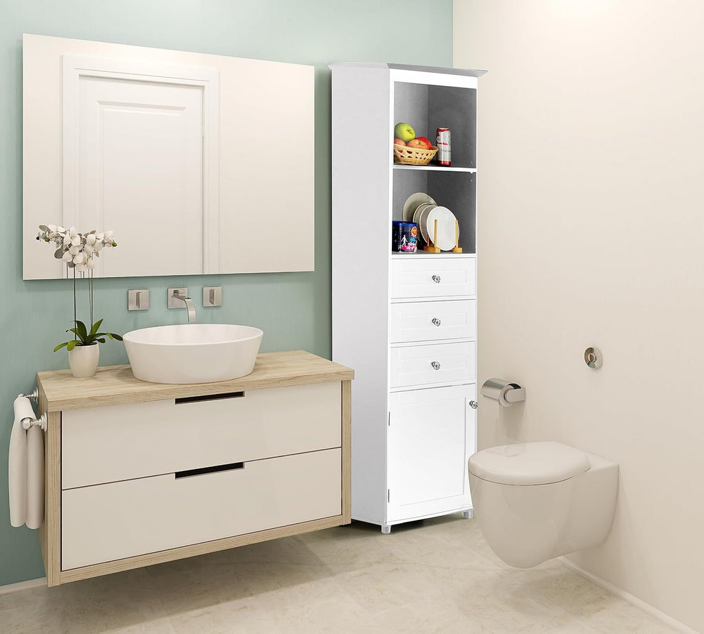 Basicwise Freestanding Storage Cabinet with Shelves Drawers & Door Linen Tower Organizer for Towels Toiletries and Essentials Floor Standing Cupboard for Bathroom or Laundry Room, White