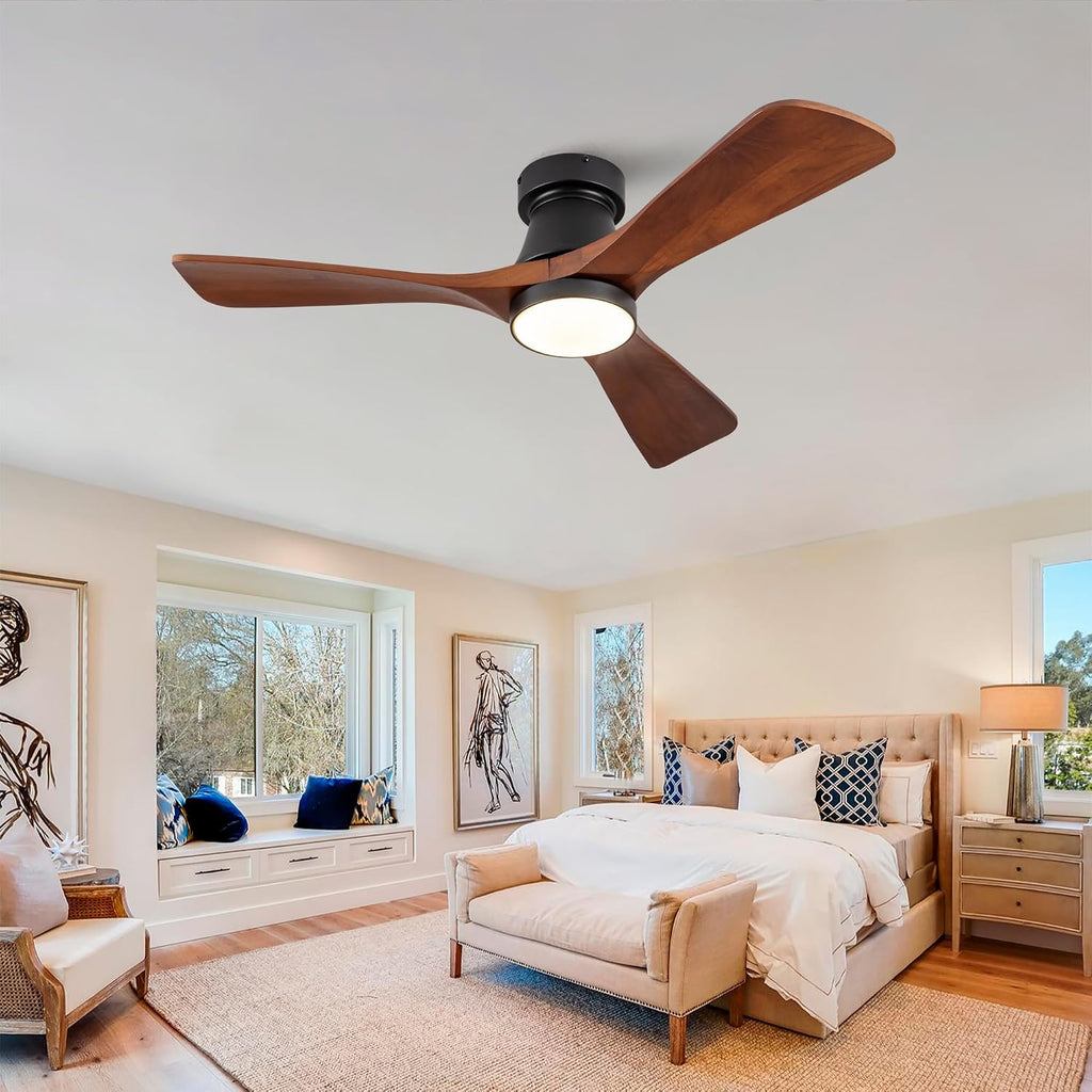 42 Inch Black Flush Mount Ceiling Fan with Light: Dimmable LED (3 Colors), Indoor,Outdoor Reversible DC Motor, 3 Solid Wood Blades for Bedroom, Patio.