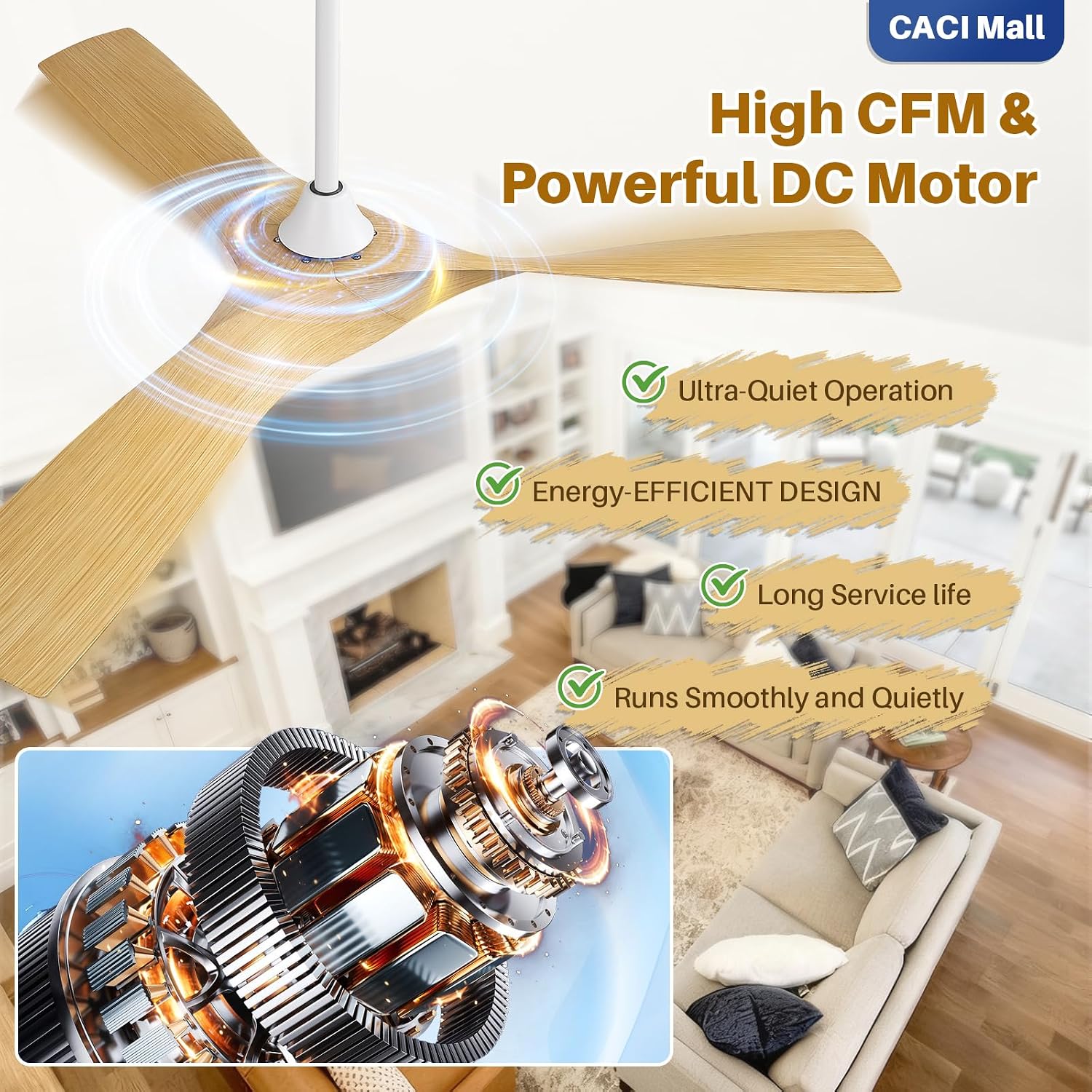 CACI Mall 52 Inch Propeller Ceiling Fan No Light, Remote Control, 6 Speeds Noiseless DC Motor, 3 ABS Blades, Indoor Outdoor Ceiling Fans for Living Room, Bedroom, Patio