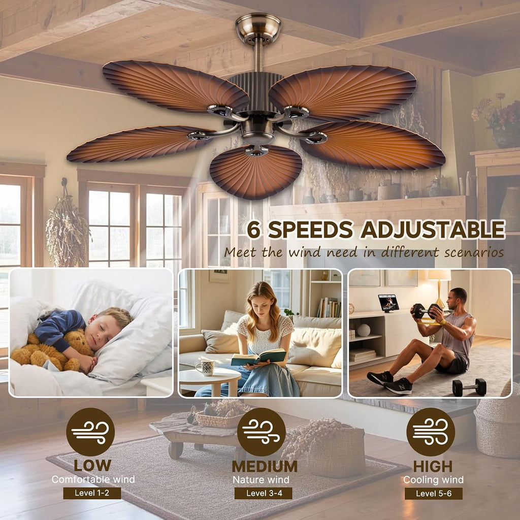 52inch Ceiling Fan Palm Island 5 Palm Leaf Blades No Light Remote Control Timer 6 Speeds Quiet DC Ceiling Fans Tropical Style Ceiling Fans Indoor Outdoor (Bronze+Coffee)