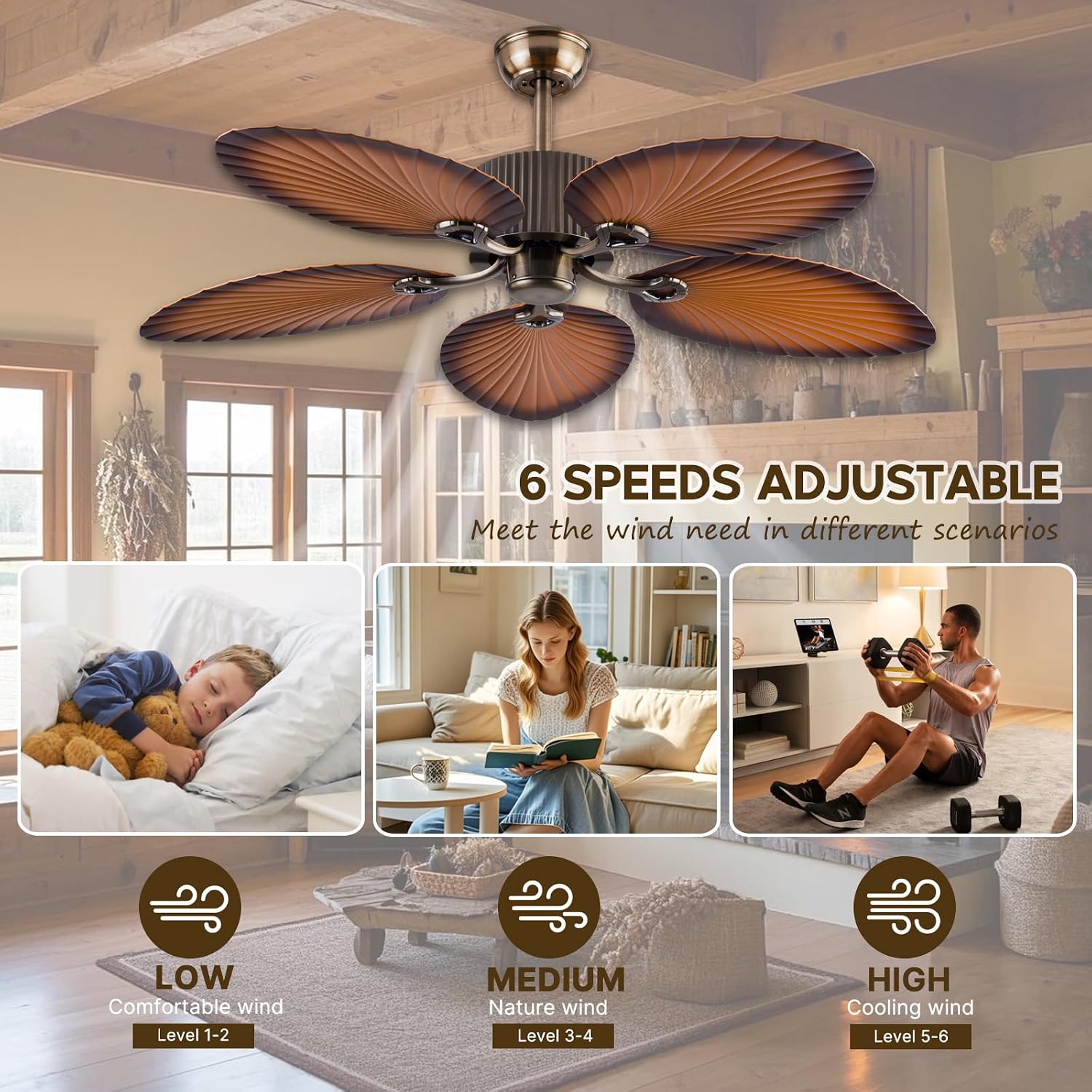 52inch Ceiling Fan Palm Island 5 Palm Leaf Blades No Light Remote Control Timer 6 Speeds Quiet DC Ceiling Fans Tropical Style Ceiling Fans Indoor Outdoor (Bronze+Coffee)