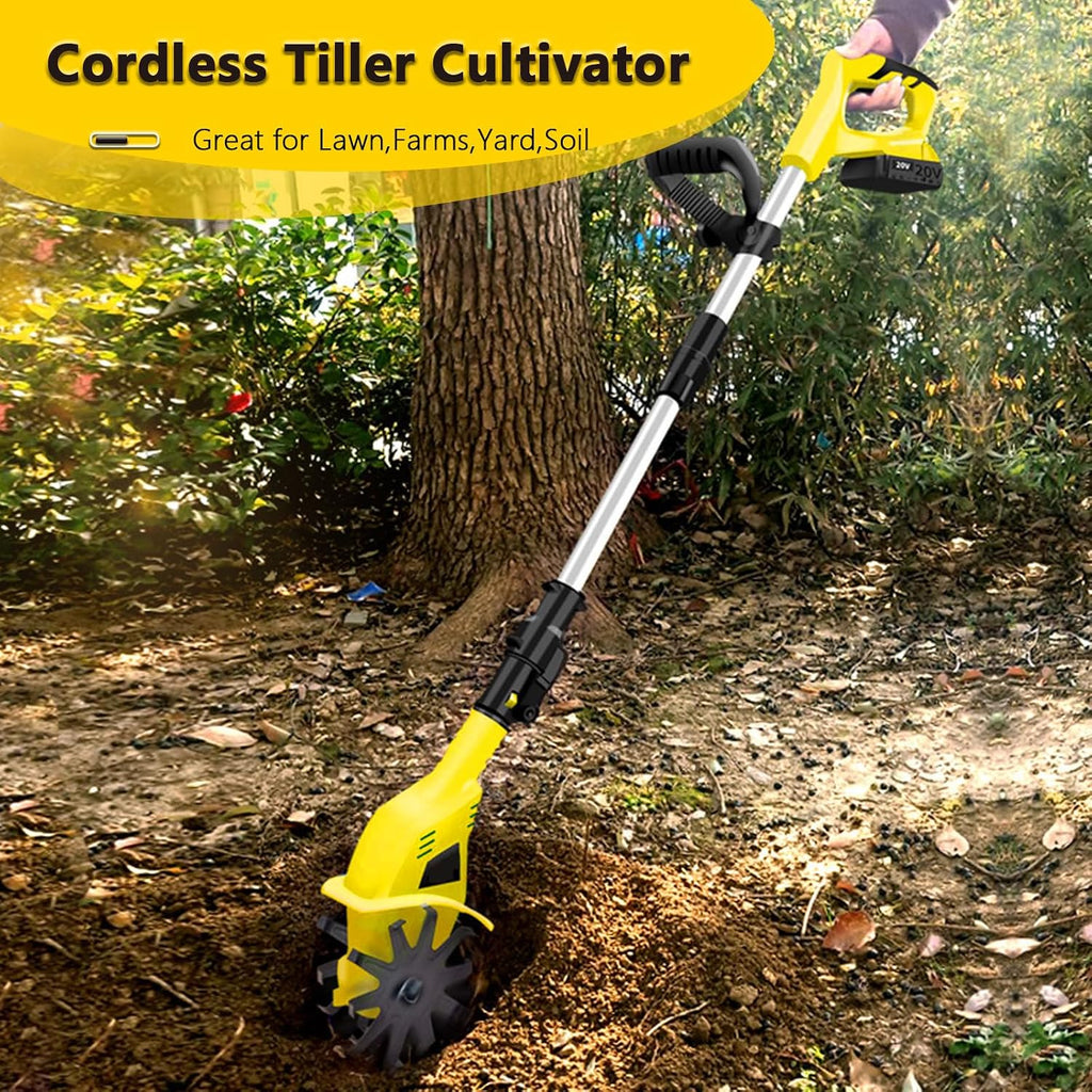 Garden Tiller, 250 RPM Electric Garden Rototiller with 97-127cm/38-50in Adjustable Length, Mini Tiller for Gardening/Soil Cultivation, Including Battery (Yellow)