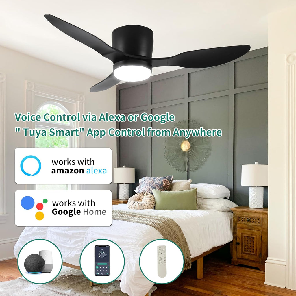 42' Smart Flush Mount Ceiling Fans with Lights Remote,Quiet DC Motor,Outdoor Indoor Low Profile Ceiling Fan,Control with WIFI App,Dimmable,ABS blades,for Bedroom Patio