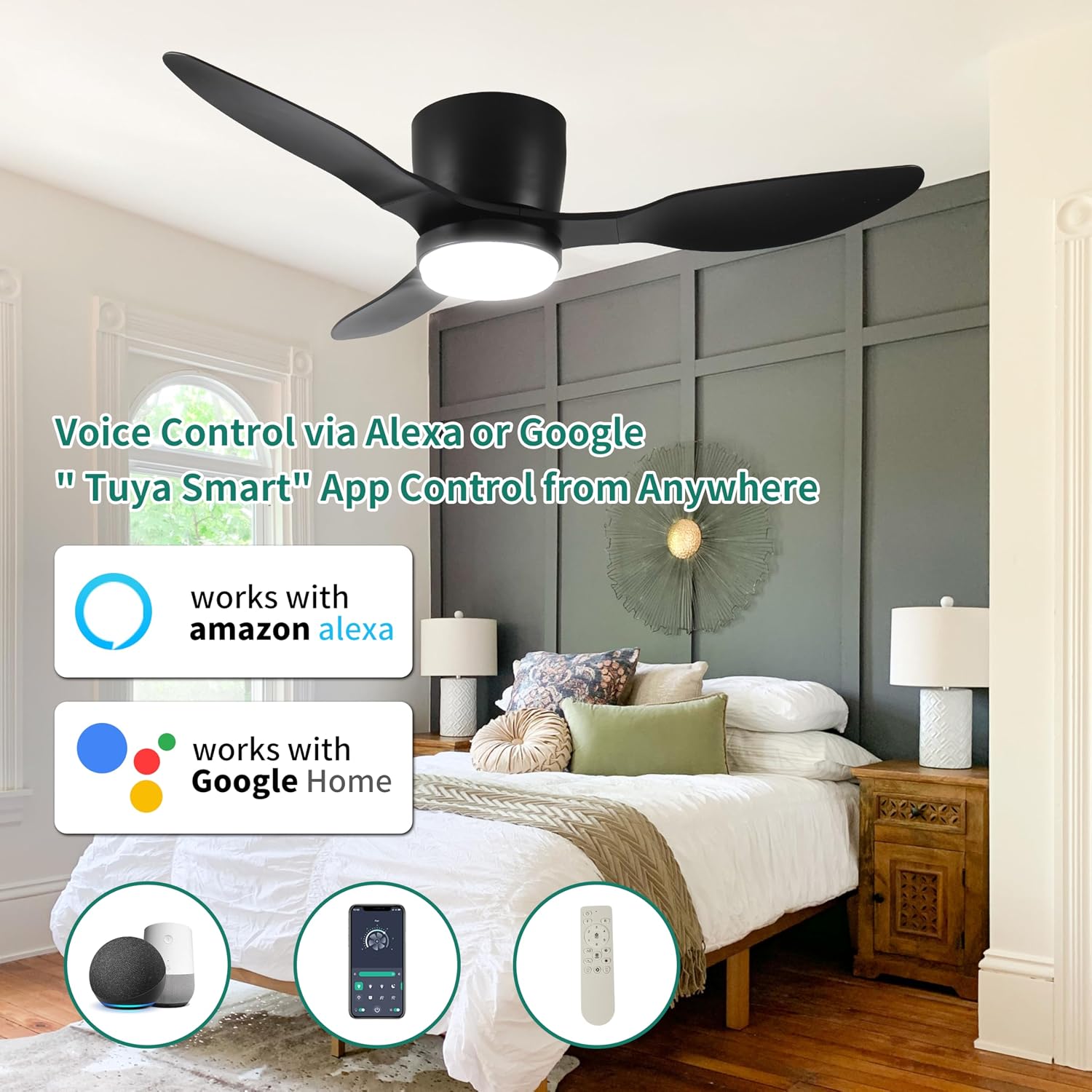 42' Smart Flush Mount Ceiling Fans with Lights Remote,Quiet DC Motor,Outdoor Indoor Low Profile Ceiling Fan,Control with WIFI App,Dimmable,ABS blades,for Bedroom Patio