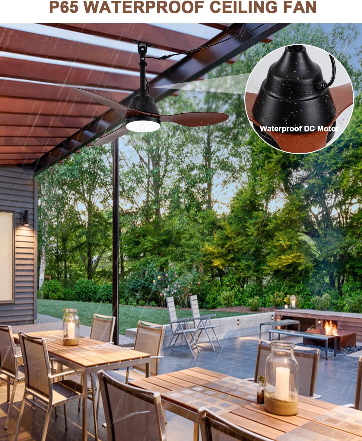 Waterproof Outdoor Ceiling Fan with Lights, IP65 Hanging Gazebo Fan with App/Remote Control, Plug in Ceiling Fan Light for Porch, Patio (Wood)