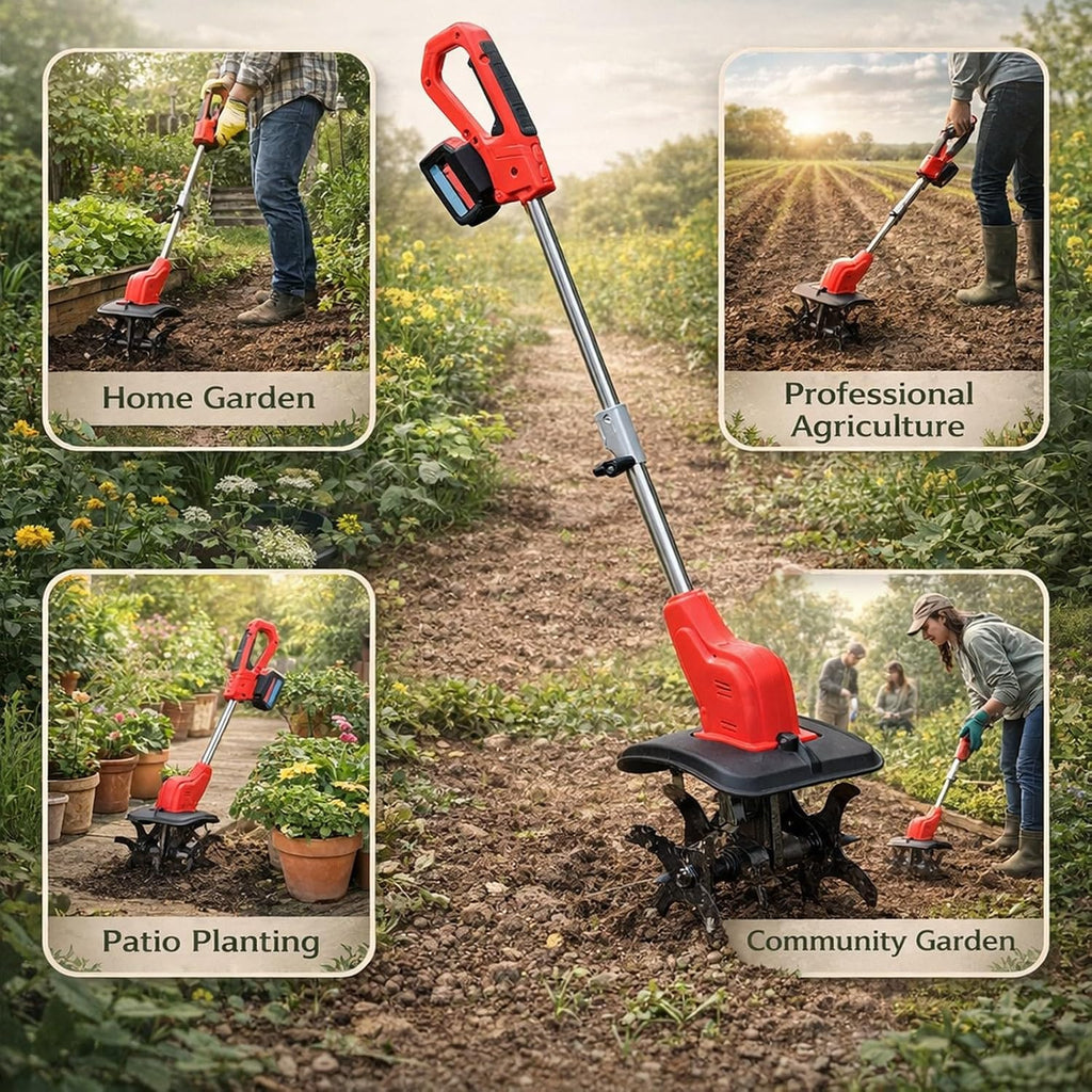 Cordless Garden Tiller Cultivator, Electric Soil Cultivator, 24cm Depth, 30cm Width - Ergonomic Design, Digital Battery Display, Ideal for Gardening Soil Preparation