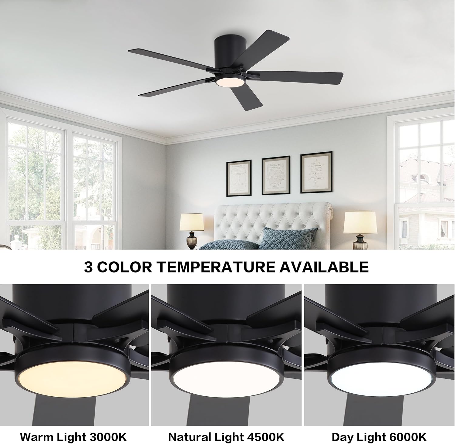 WINGBO 48' DC Flush Mount Ceiling Fan with Lights, 6-Speed Reversible DC Motor, 3CCT, Low Profile Hugger Ceiling Fan for Living Room Bedroom Kitchen, Black Finish and Black/Walnut Blades
