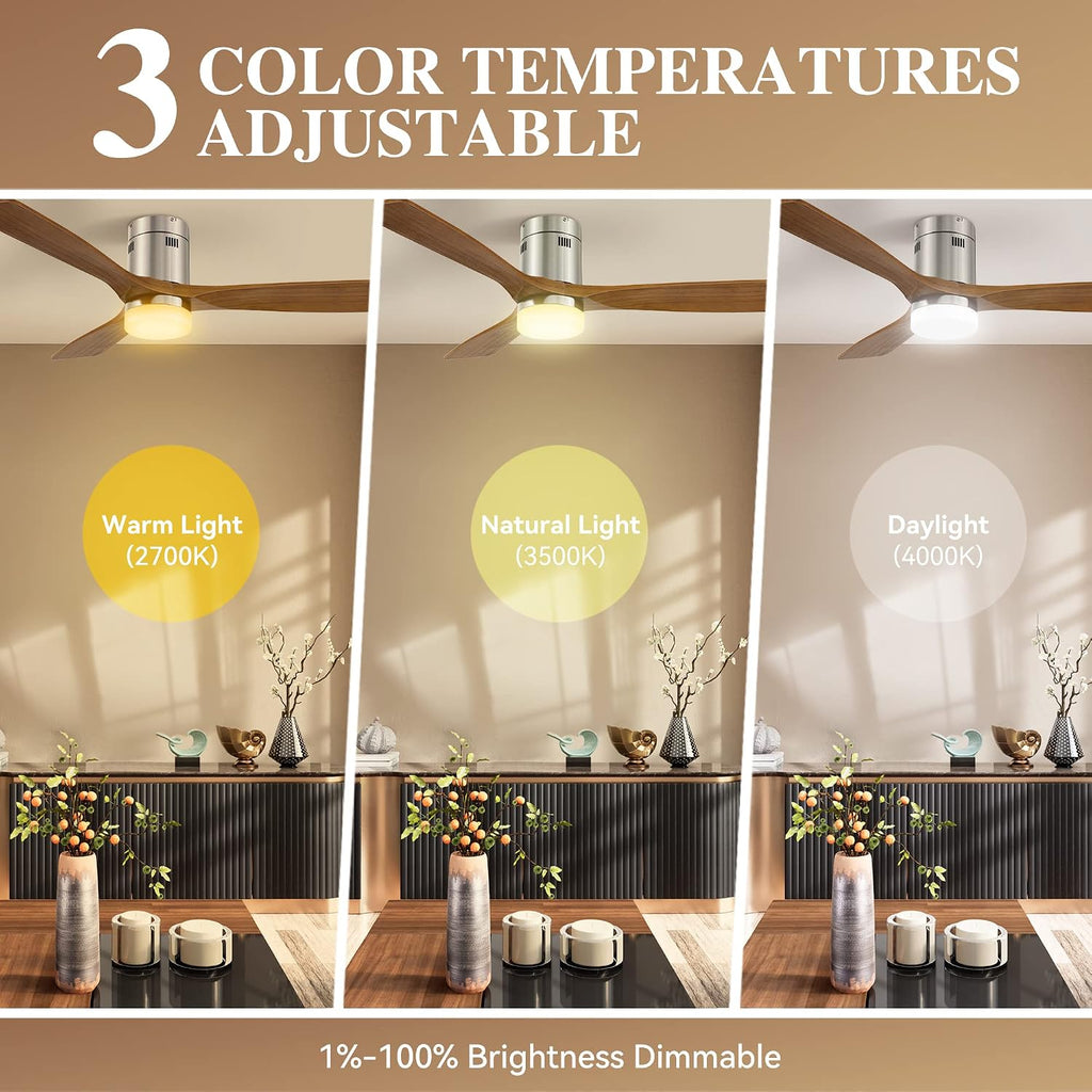 Smart Flush Mount Ceiling Fan with Lights Brush Nickel ,52 Inch WIFI Low Profile Ceiling Fans Remote Control,3 Solid Wood Blade Reversible Fan,Timer & Schedule,Works with Alexa, Google, Siri Shortcut