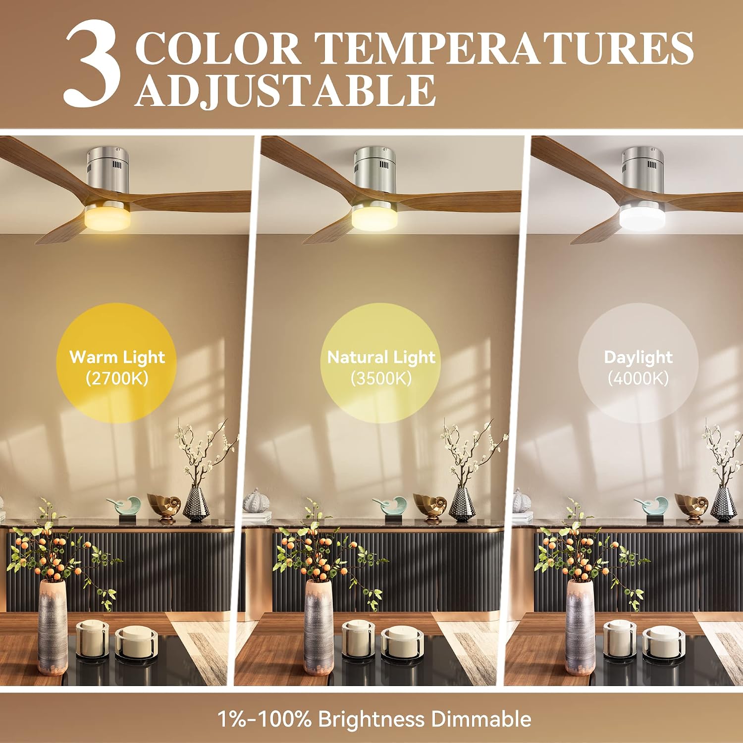 Smart Flush Mount Ceiling Fan with Lights Brush Nickel ,52 Inch WIFI Low Profile Ceiling Fans Remote Control,3 Solid Wood Blade Reversible Fan,Timer & Schedule,Works with Alexa, Google, Siri Shortcut