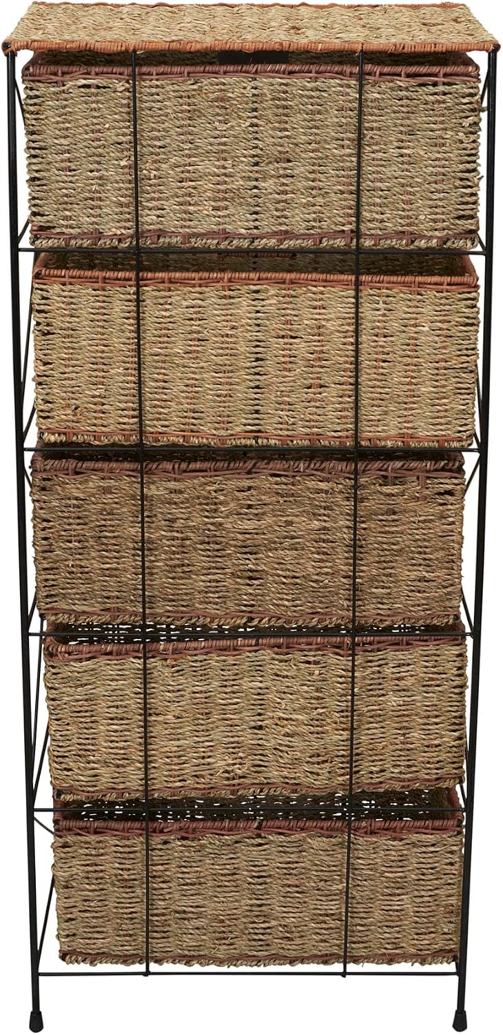 Household Essentials 5 Drawer Seagrass Wicker Storage Tower with Handwoven Rattan Design and Strong Metal Frame, Natural Rustic Modern Finish