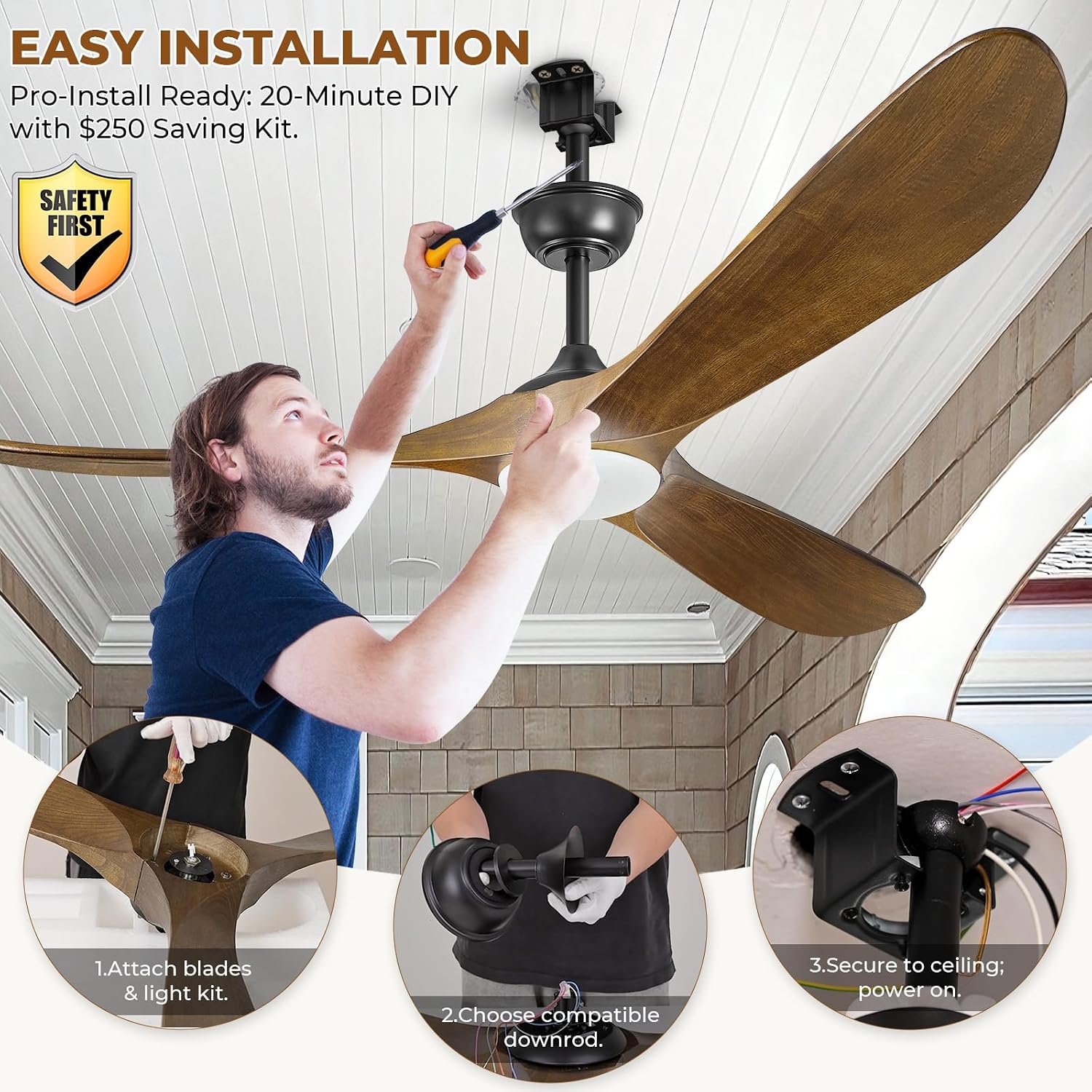 60' Ceiling Fans with Lights and Remote Control, Outdoor Ceiling Fan with Lights High CFM Quiet 3 Blade Wood Walnut Ceiling Fan,Oil Rubbed Bronze