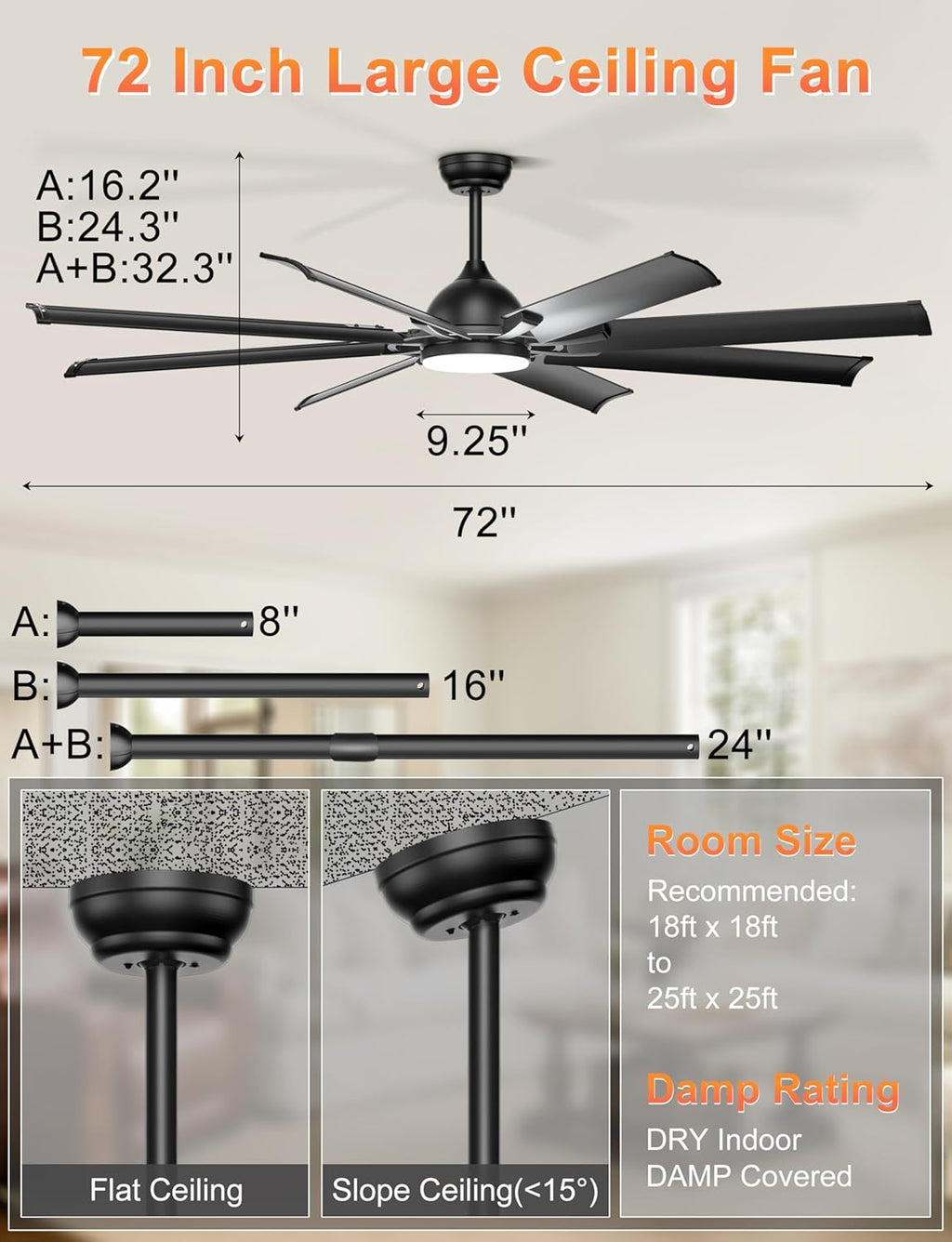 Ohniyou 72 Inch Industrial Ceiling Fan with Lights Remote Control, Black Large Ceiling Fan with 8 Aluminum Blades, 3 CCT, 6-Speed Quiet DC Motor for Living Room, Covered Outdoor, Shop, Garage