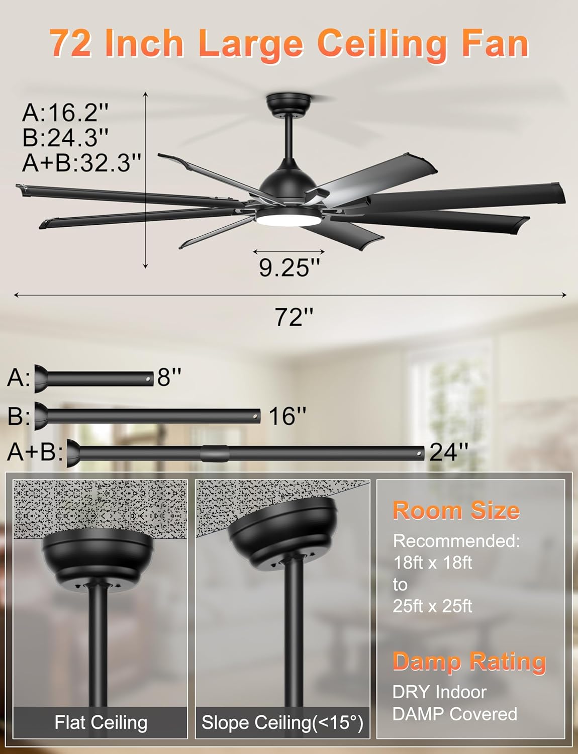 Ohniyou 72 Inch Industrial Ceiling Fan with Lights Remote Control, Black Large Ceiling Fan with 8 Aluminum Blades, 3 CCT, 6-Speed Quiet DC Motor for Living Room, Covered Outdoor, Shop, Garage