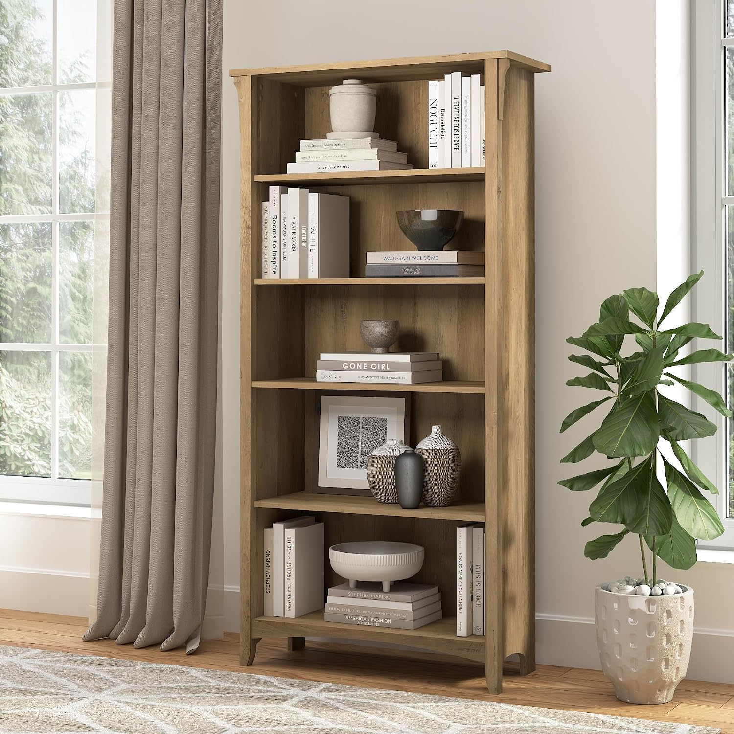 Bush Home Salinas 5 Shelf Bookcase in Reclaimed Pine, Tall Bookshelf, Large Book Shelf for Living Room, Home Office, or Entryway