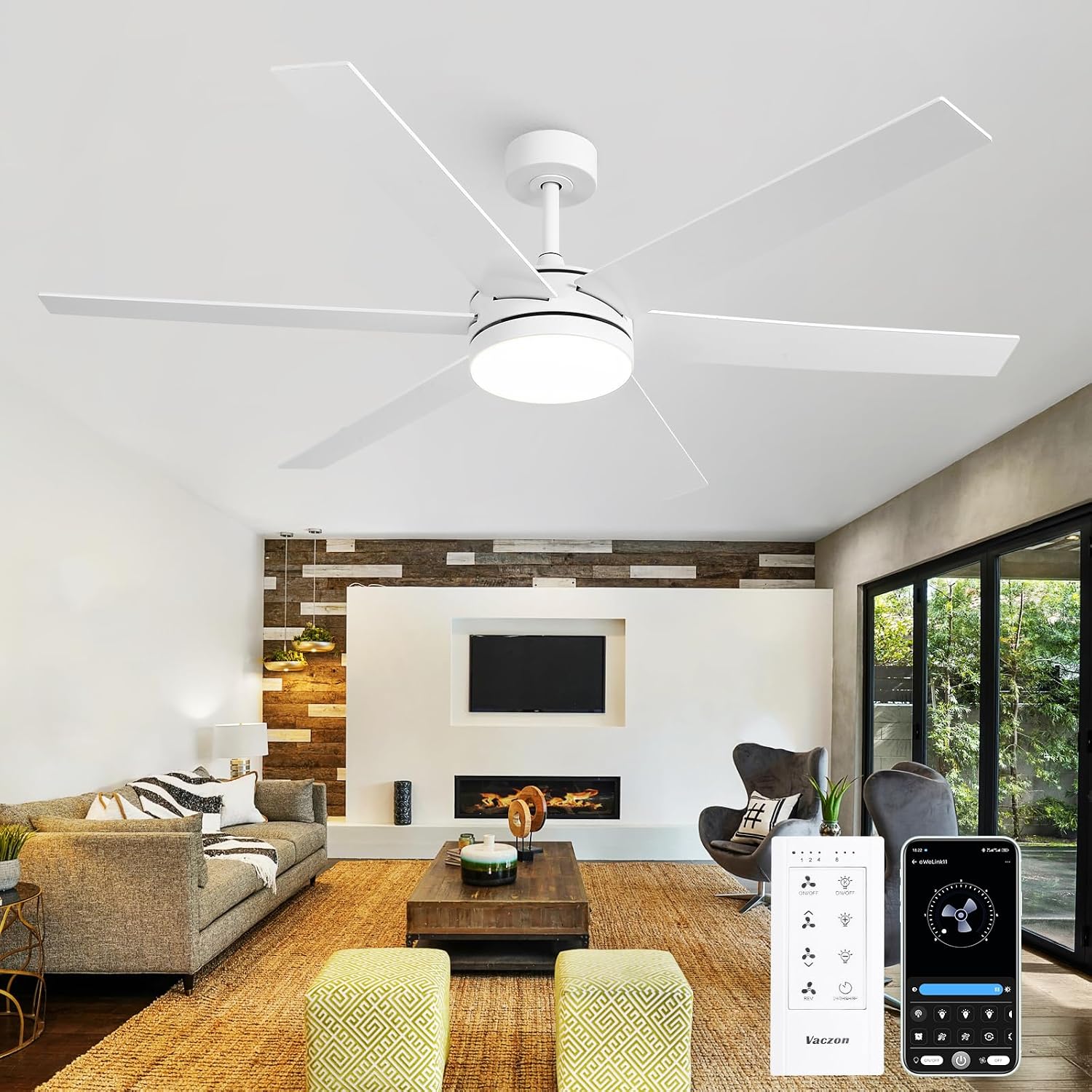 60 Inch Ceiling Fans with Lights and Remote, Indoor Outdoor Modern White Ceiling Fan with Light, Reversible DC Motor Dual-Sided Blades, 3CCT, Large Farmhouse Ceiling Fan for Living Room Bedroom