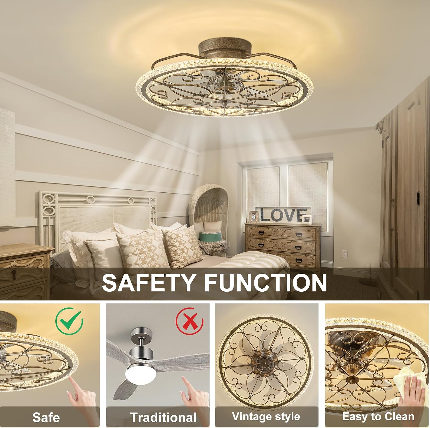 Low Profile Ceiling Fans with Lights Gold Crystal Chandelier Caged Fan Light Bedroom Fandeliers Flush Mount Ceiling Fan with Light for Girls Bedroom Living Room Kids Room