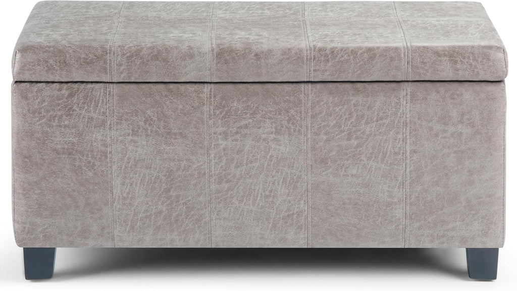 SIMPLIHOME Dover Storage Ottoman Bench - 36 inch Wide Upholstered Vegan Leather Rectangular Lift-Top Ottoman in Distressed Grey Taupe, Contemporary Bench for Living Room with Safety Hinges