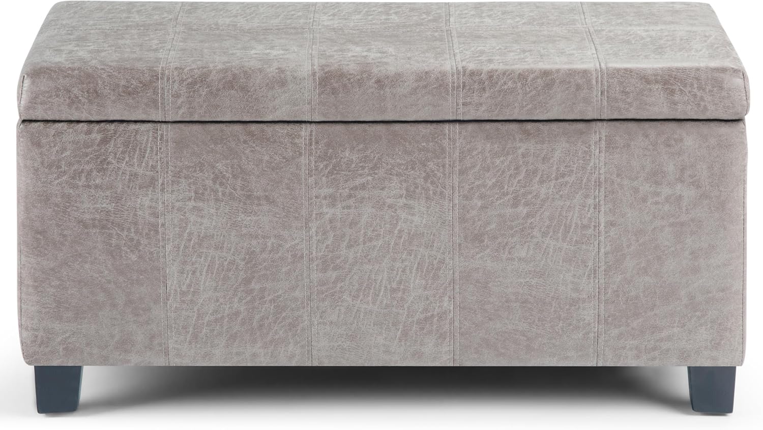 SIMPLIHOME Dover Storage Ottoman Bench - 36 inch Wide Upholstered Vegan Leather Rectangular Lift-Top Ottoman in Distressed Grey Taupe, Contemporary Bench for Living Room with Safety Hinges