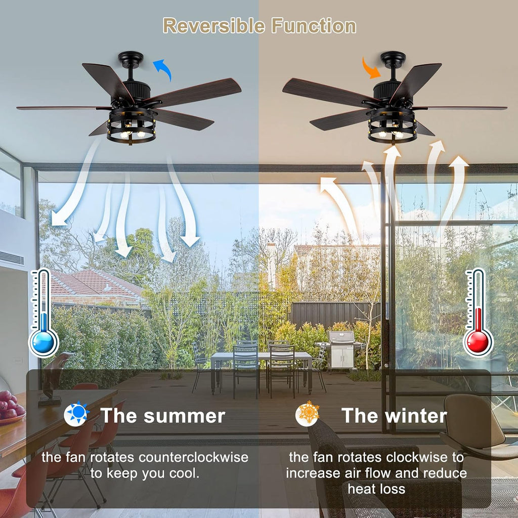 52 Inch Ceiling Fan with Light, Farmhouse Ceiling Fan with 5 Wood Dual Finish Blades,DC Motor Ceiling Fan High Airflow,Indoor Outdoor Ceiling Fans for Patios,Living Room(52Inch,Black)