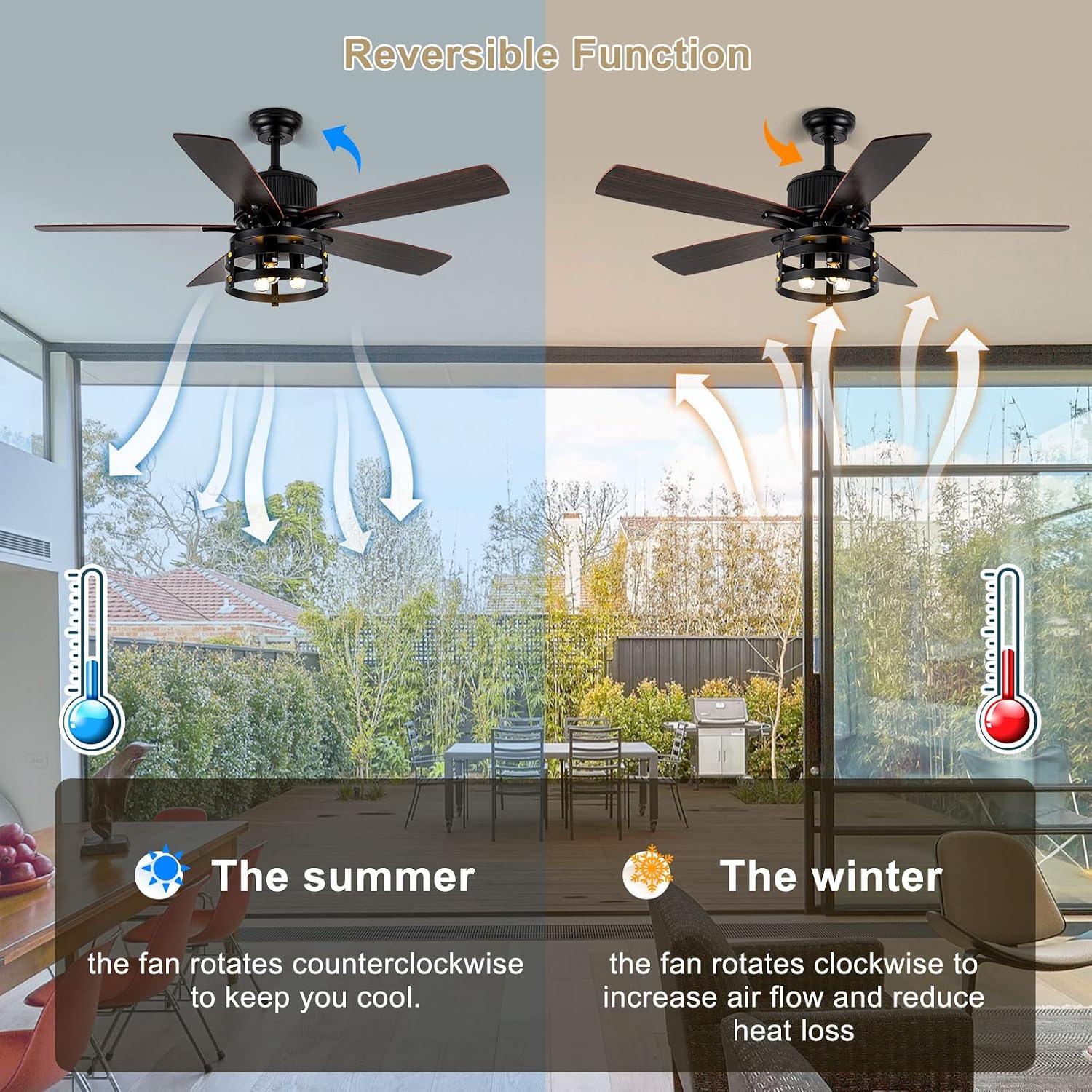 52 Inch Ceiling Fan with Light, Farmhouse Ceiling Fan with 5 Wood Dual Finish Blades,DC Motor Ceiling Fan High Airflow,Indoor Outdoor Ceiling Fans for Patios,Living Room(52Inch,Black)