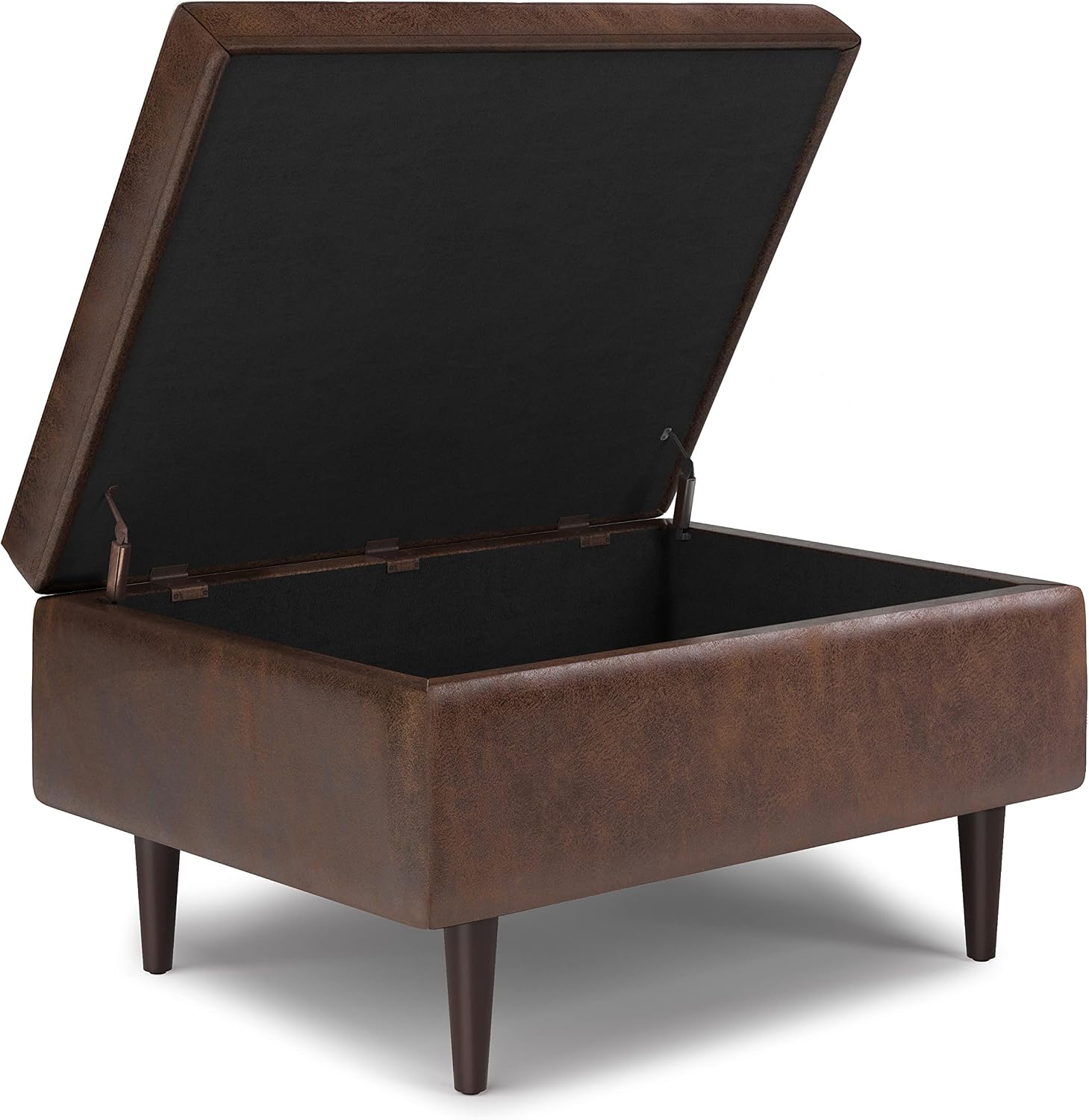 SIMPLIHOME Shay Coffee Table Storage Ottoman - 34 inch Wide Upholstered Vegan Leather Small Rectangle Ottoman in Distressed Chestnut Brown, Mid-Century Modern Tufted Ottoman for Entryway with Lift Top