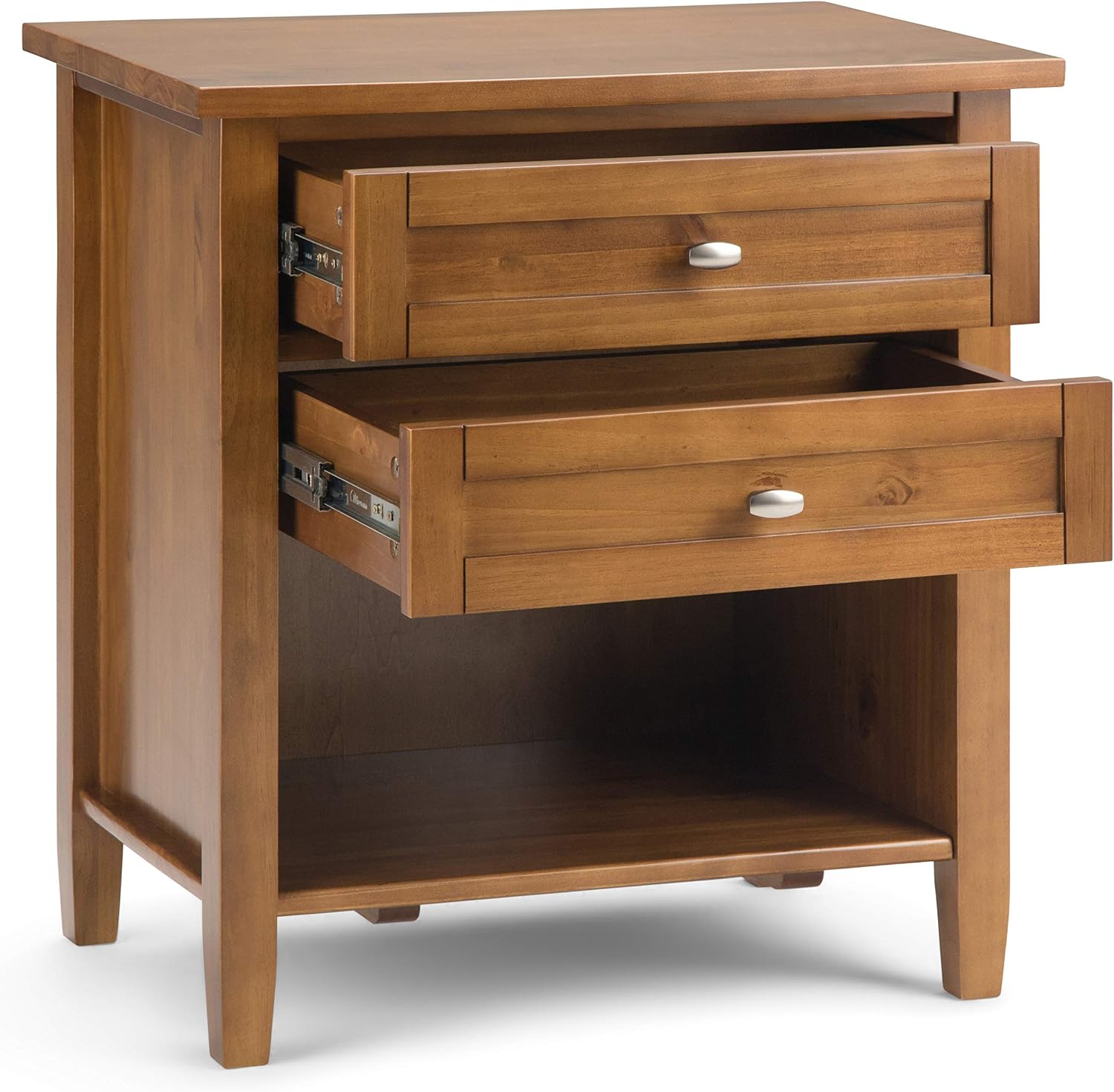 SIMPLIHOME Warm Shaker Bedside Table - 24 inch Wide Solid Wood Nightstand in Light Golden Brown, Transitional Bedroom Side or End Table with 2 Drawers, Open Shelf Storage and Brushed Nickel Hardware