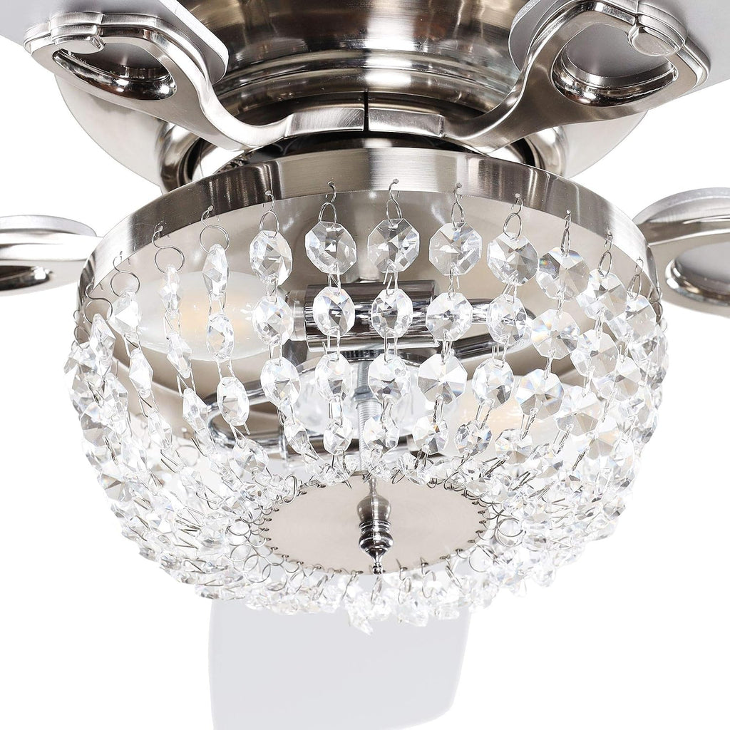 48 Inch Low Profile Ceiling Fan with Light: Farmhouse Caged Fandelier, Crystal Flush Mount Ceiling Fan with Remote, Indoor/Outdoor Use for Patios Living Room Bedroom, Silver
