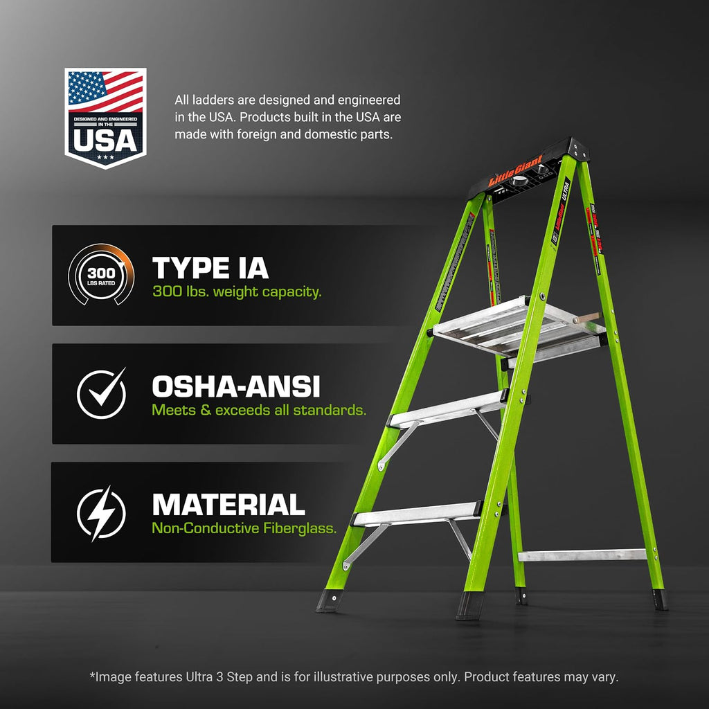 Little Giant Ultra Step Ladder with XL Platform, 3-Step Lightweight Foldable Non-Conductive Fiberglass, 300 Lbs. Capacity Type IA Extra Heavy Duty Ladder 8-Ft Max Reach