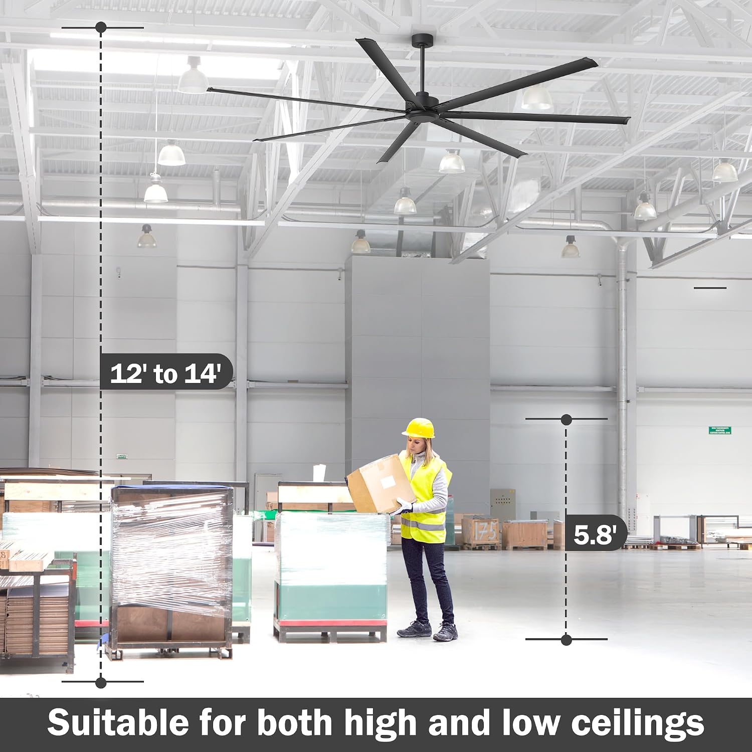 108 Inch Industrial Ceiling Fans without Lights, Large HVLS Ceiling Fan with 7 Aluminum Blades, 6-Speed Quiet DC Motor, 3 Downrods, Commercial Ceiling Fan for Shop/Garage/Gym (Black)