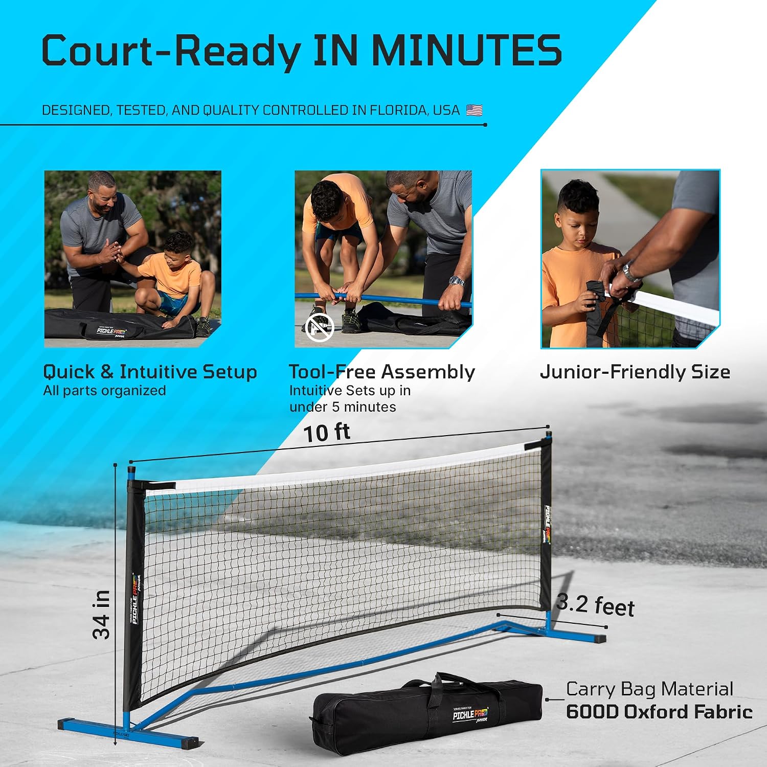 PicklePro Junior - Lab Tested 6+ Complete Pickleball Set with 10ft Net – Includes 4 Junior Paddles, Balls & Bag – USAP Approved Beginner Pickleball Kit