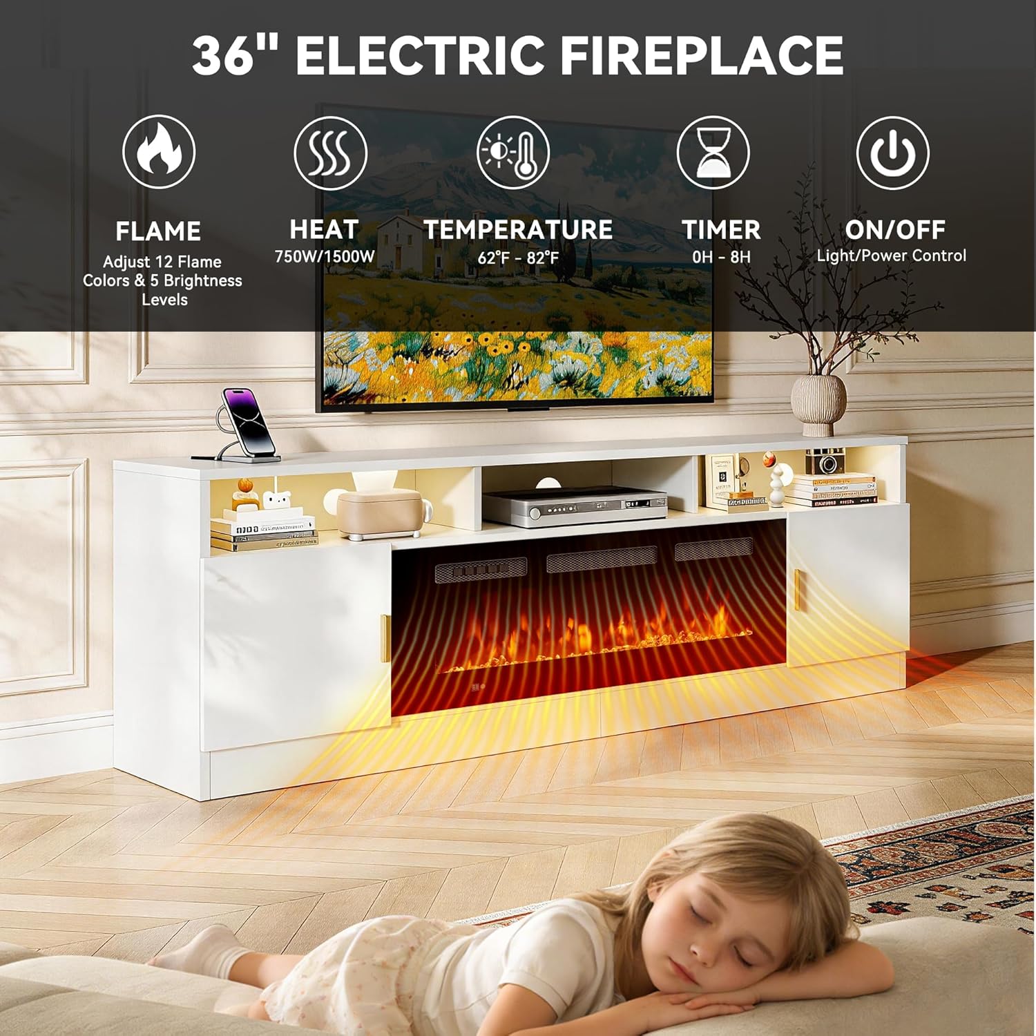 70' Fireplace TV Stand with Power Outlet, Electric Fireplace Entertainment Center with Storage Cabinets, Fits TVs up to 80', TV Console with LED Lights for Living Room, Office, White-Black