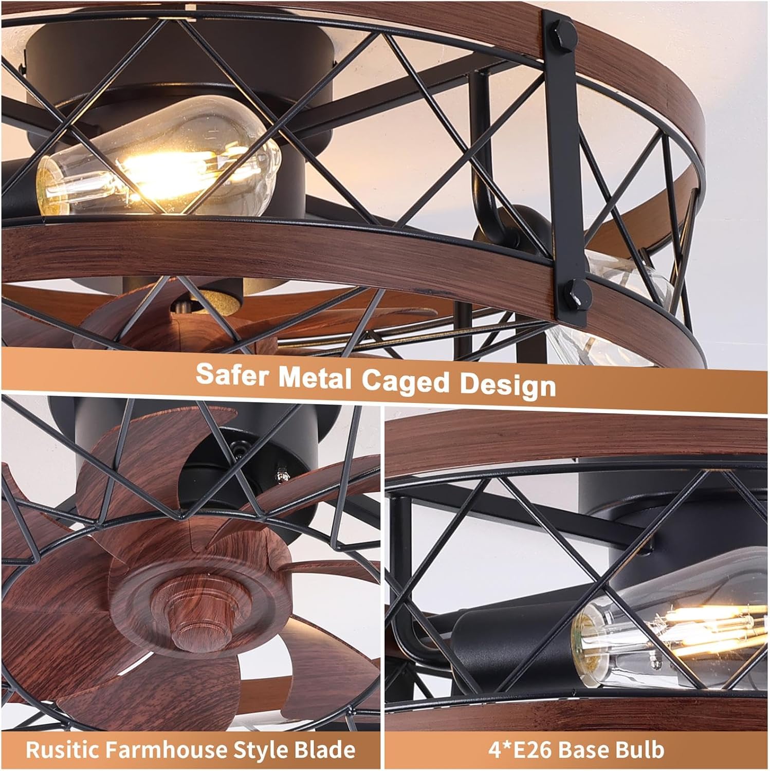 24' Farmhouse Flush Mount Caged Ceiling Fans with Lights, Rustic Low Profile Ceiling Fan with Light and Remote, Quiet Reversible DC Motor Bladeless Enclosed Ceiling Fan for Bedroom Dining Room Kitchen