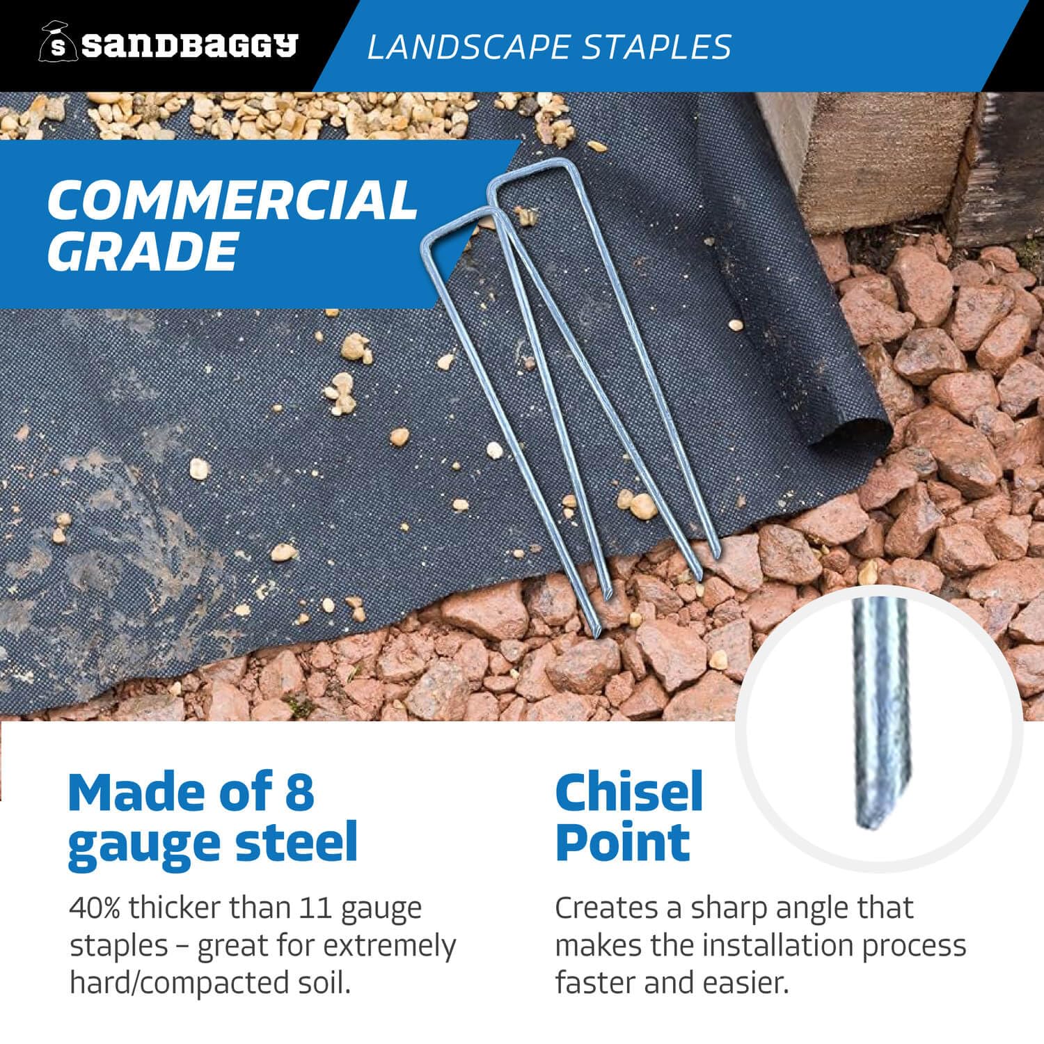 Sandbaggy 6 inch Landscape Sod Staples (8 Gauge Steel) | Great for Hard & Rocky Soil | 40% Thicker Than Standard 11 Gauge | Trusted by Farmers & Contractors Across USA (4000 Staples)