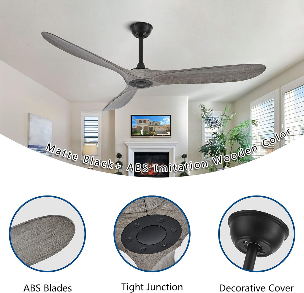 60 Inch Ceiling Fans with Remote Control,3 Imitation Wood ABS Blades, 6 Speeds, Noiseless Reversible DC Motor,Indoor/Outdoor Ceiling Fan for Farmhouse Living Room Dining Room Patio